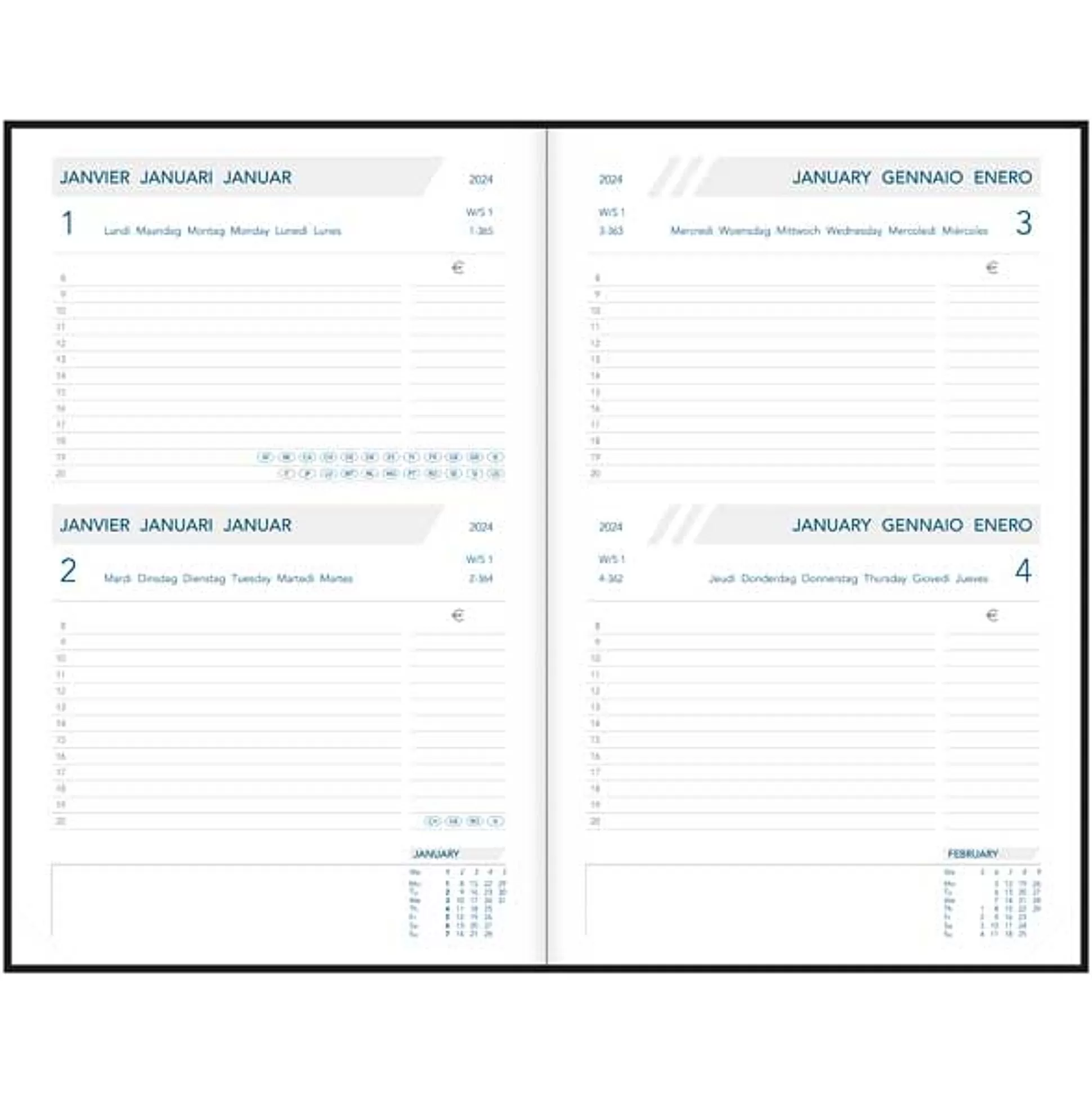 AURORA Agenda's-Agenda 14X21Cm 2 Dagen Per Pagina 6 Talen Folio Balacron Zwart/Blauw/Rood
