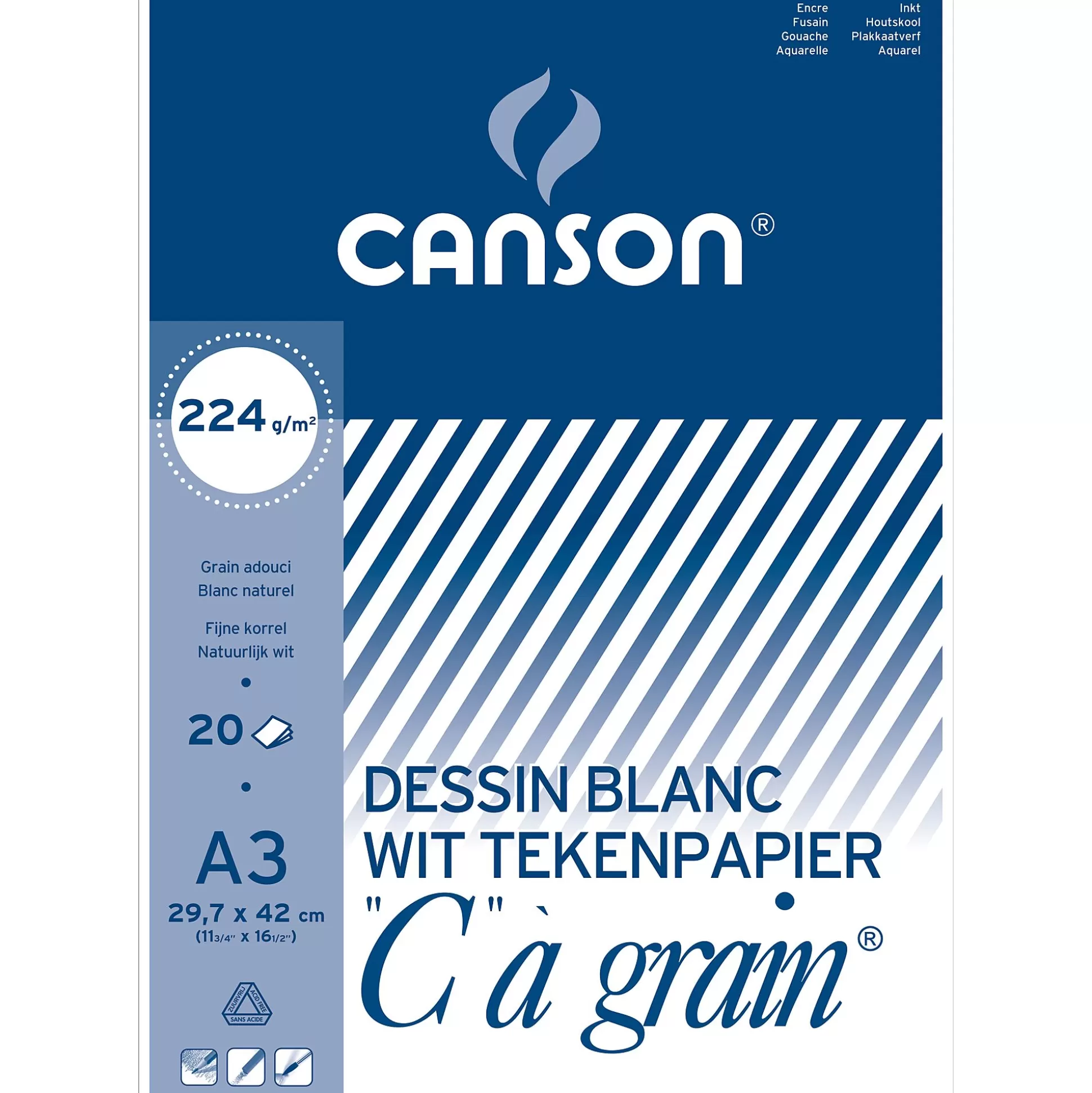 CANSON Tekenpapier-Blok Gekorreld Wit 224G/M A3 20 Vellen