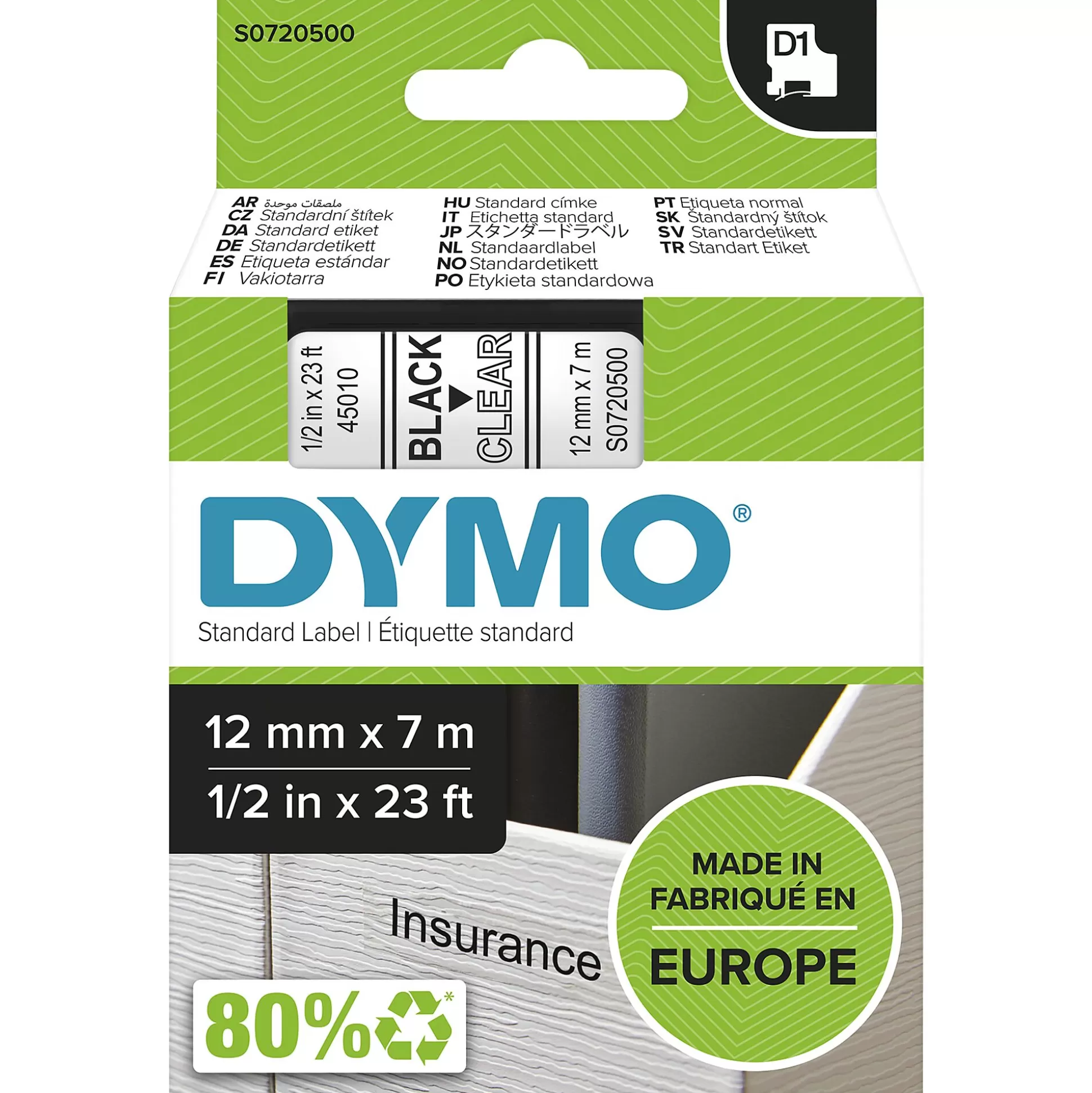 DYMO Labelen & Stempelen-D1 Tape Zwart Op Transparant 12Mm X 7M 45010