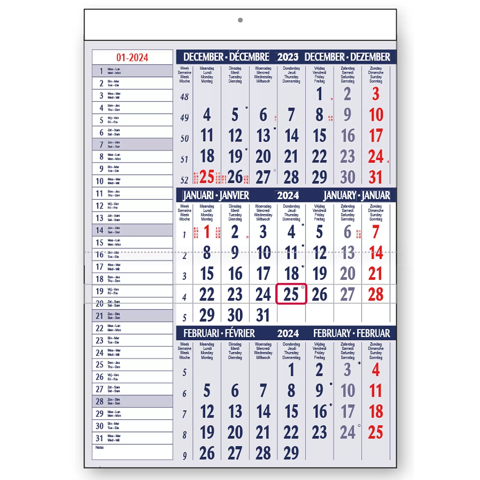 * Kalenders-Driemaandkalender 31X41,5Cm + Dagaanwijzer + Memo