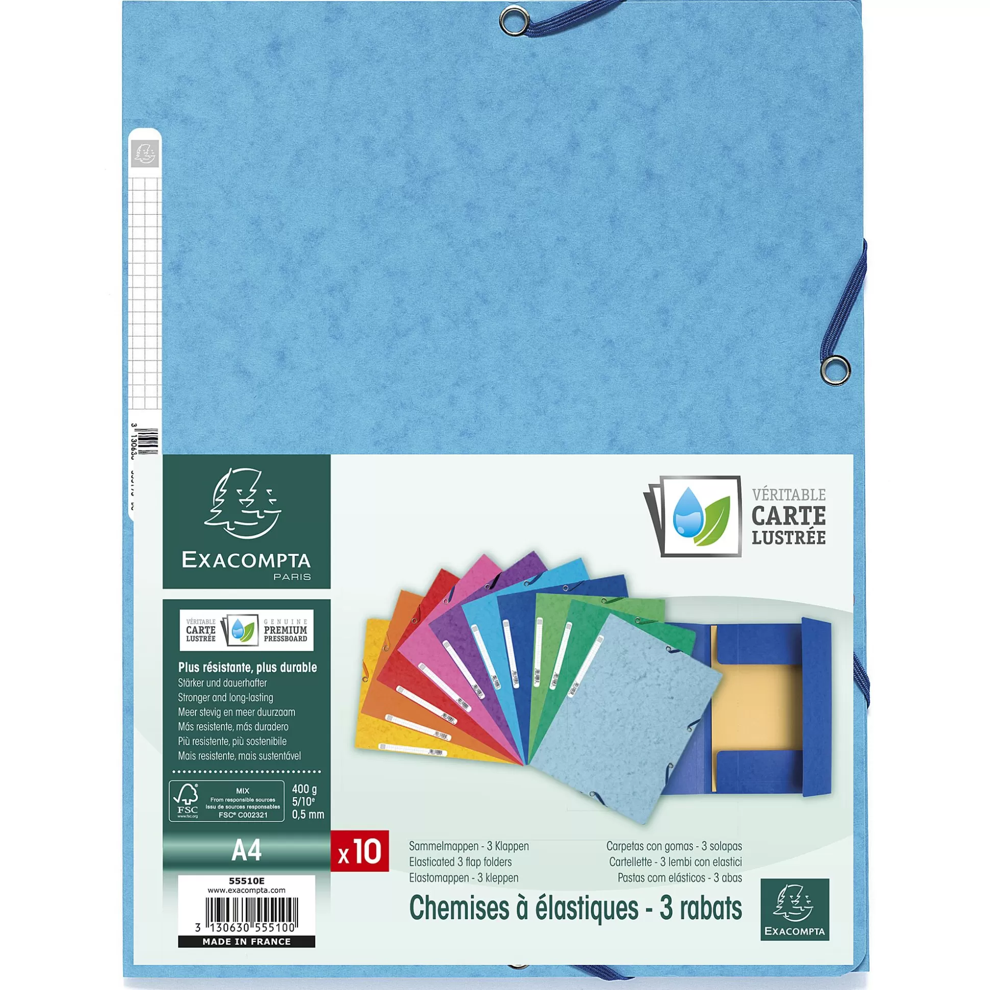 EXACOMPTA Mappen & Hoezen-Elastomap 3 Kleppen A4 Glanskarton 400G/M 1 Van 10 Kleuren