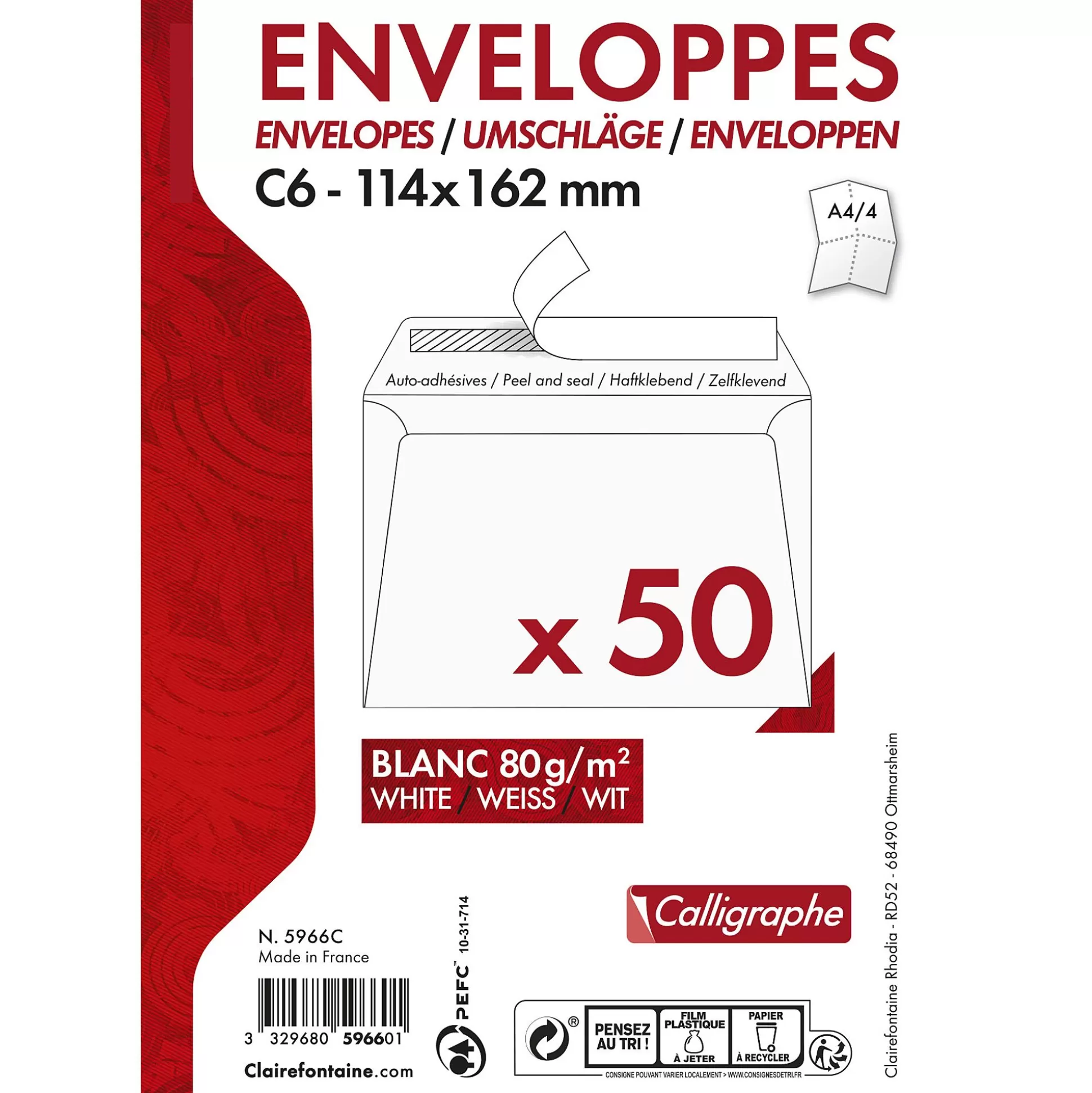 CLAIREFONTAINE Enveloppen & Postzegels-Enveloppen 16,2X11,4Cm Wit 80G/M C6 Zelfklevend 50 Stuks