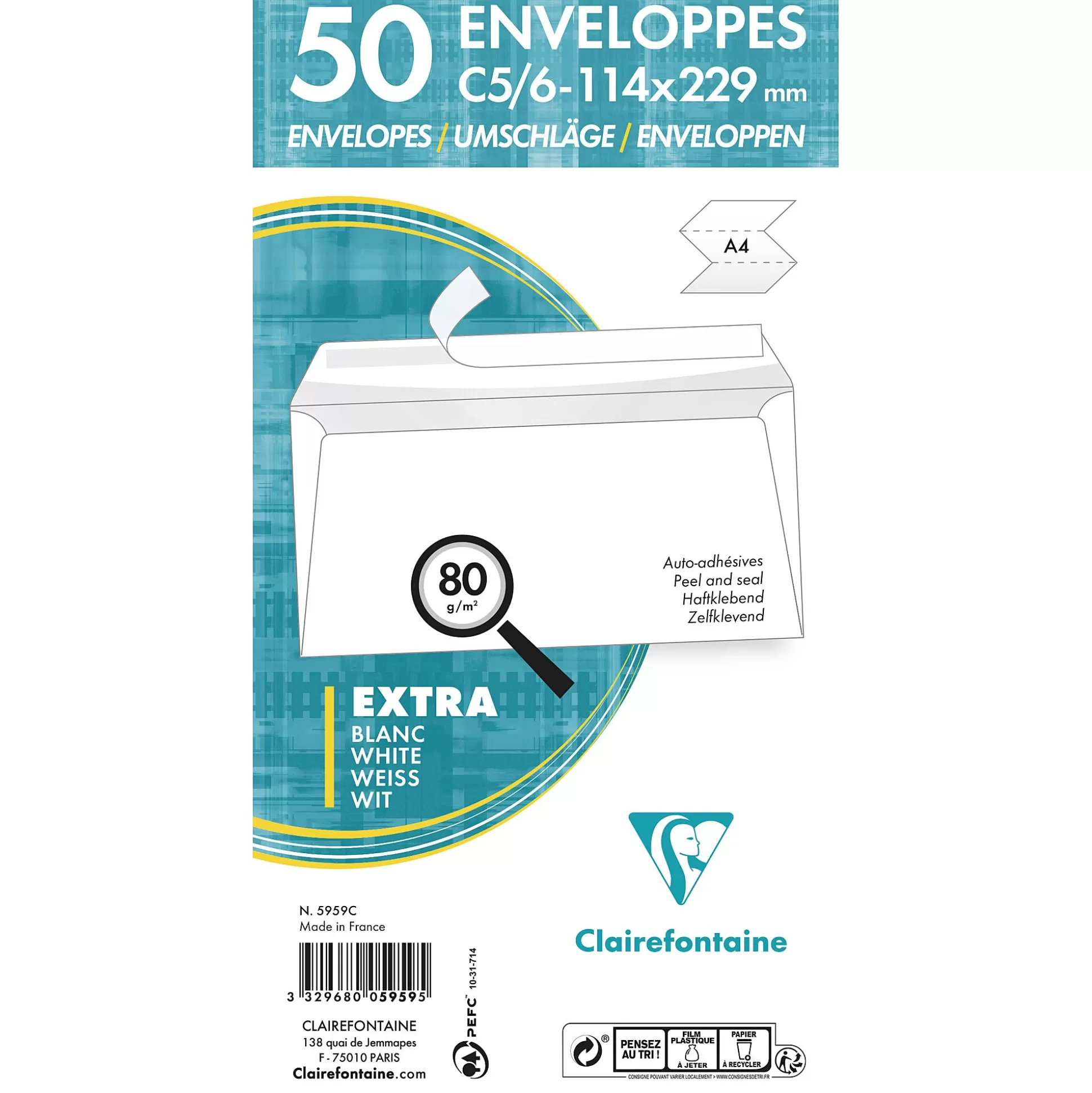 CLAIREFONTAINE Enveloppen & Postzegels-Enveloppen 22,9X11,4Cm Wit 80G/M C5/6 Zelfklevend 50 Stuks