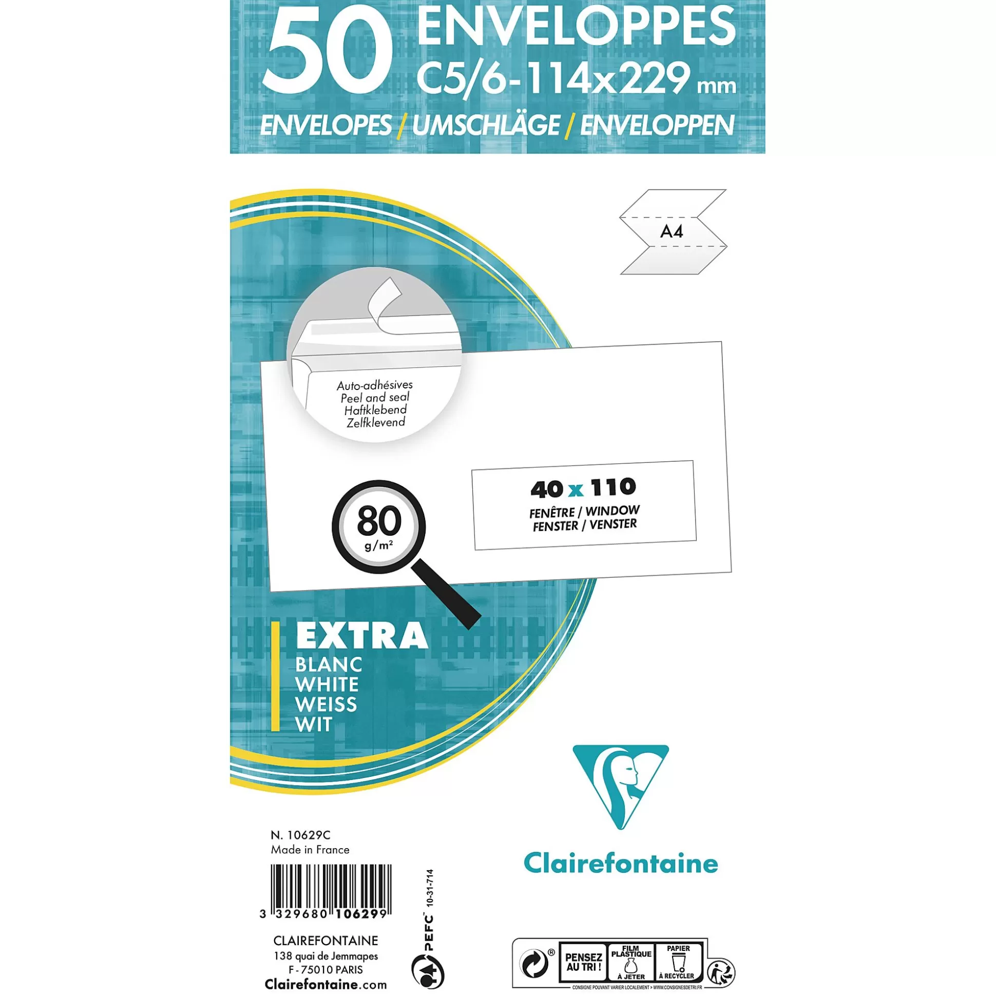 CLAIREFONTAINE Enveloppen & Postzegels-Enveloppen 22,9X11,4Cm Wit 80G/M C5/6 Zelfklevend Met Venster 50 Stuks