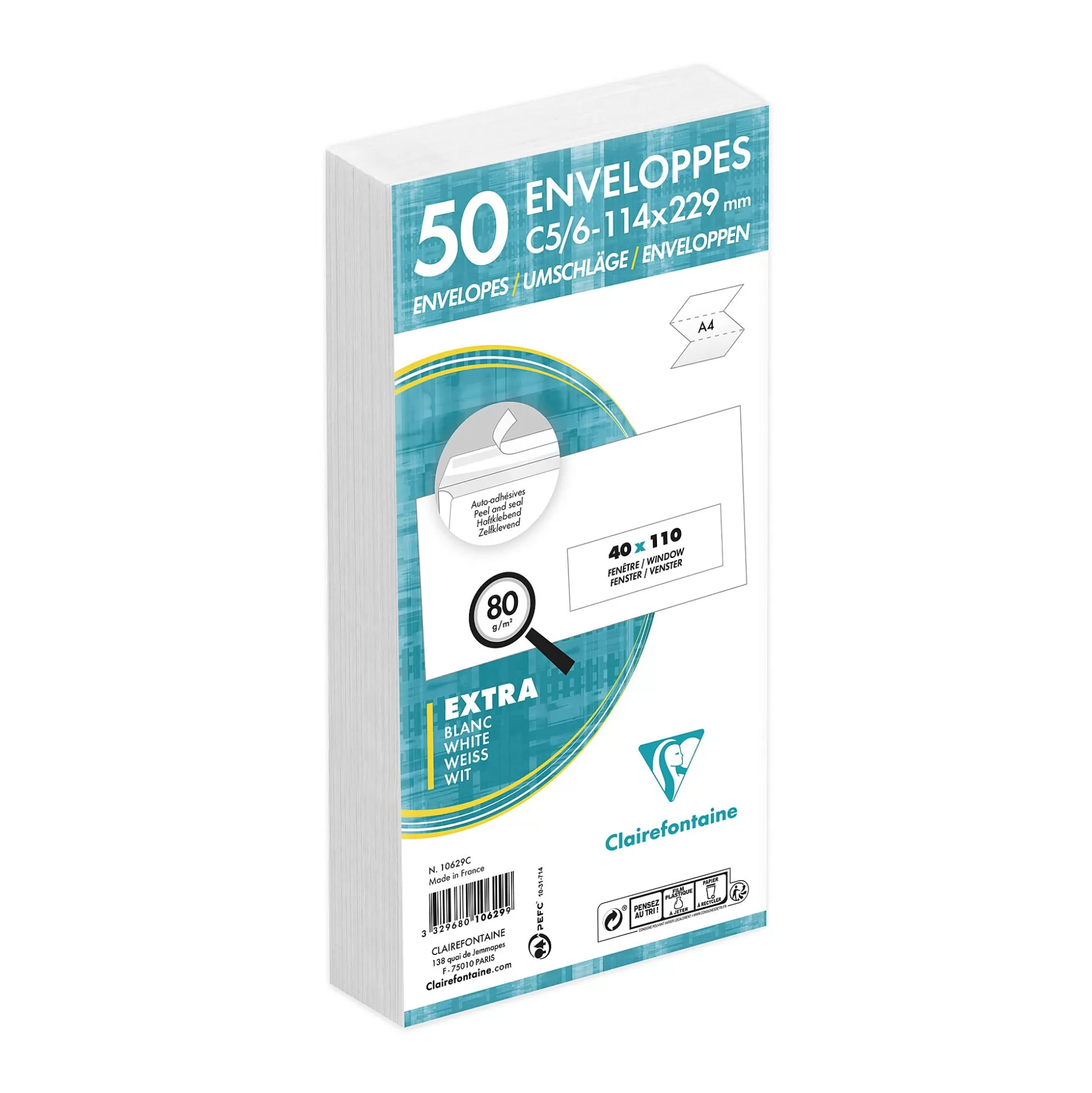 CLAIREFONTAINE Enveloppen & Postzegels-Enveloppen 22,9X11,4Cm Wit 80G/M C5/6 Zelfklevend Met Venster 50 Stuks