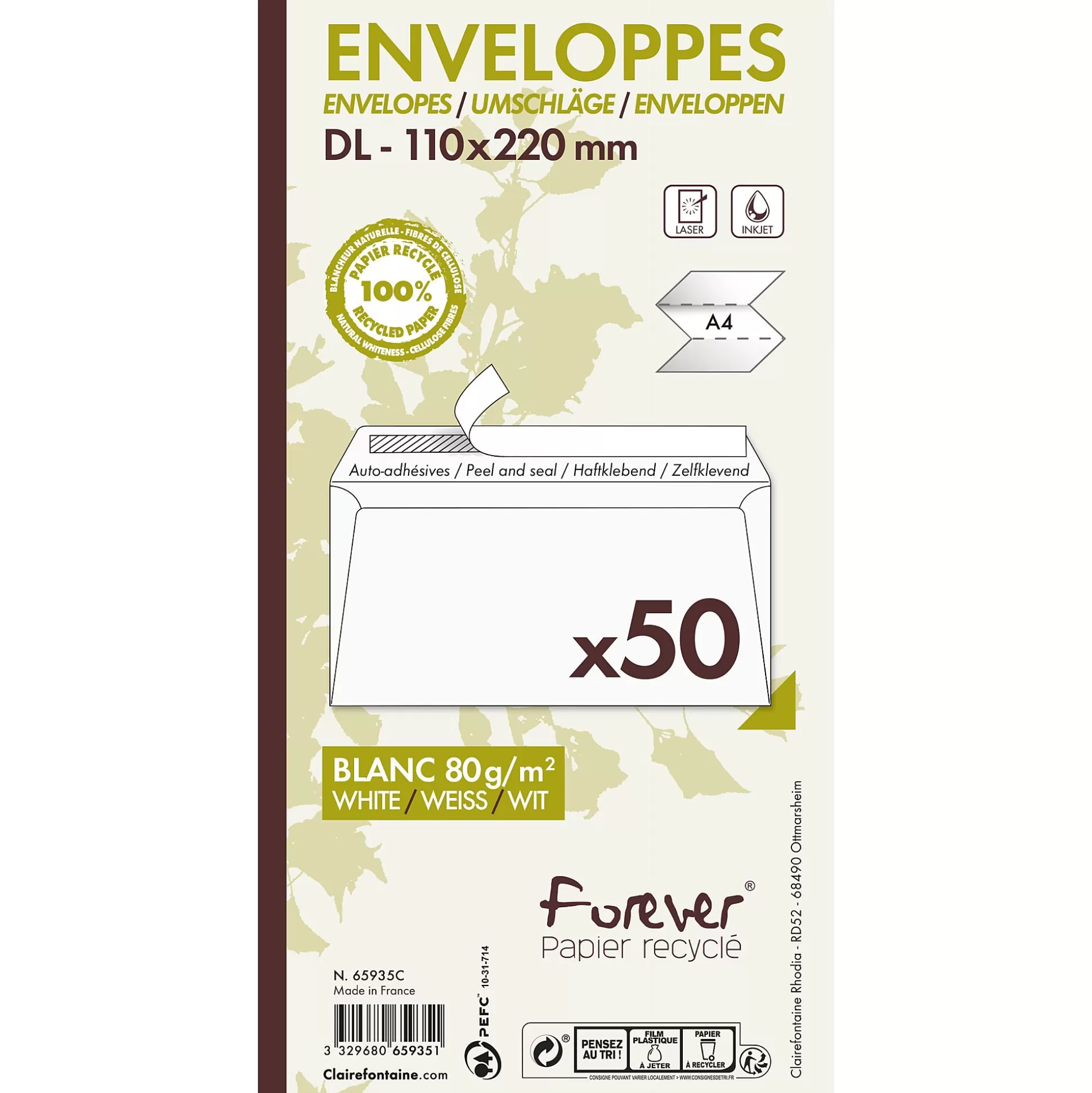CLAIREFONTAINE Enveloppen & Postzegels-Enveloppen 'Forever' Recycled 22X11Cm Wit 80G/M Dl Zelfklevend 50 Stuks