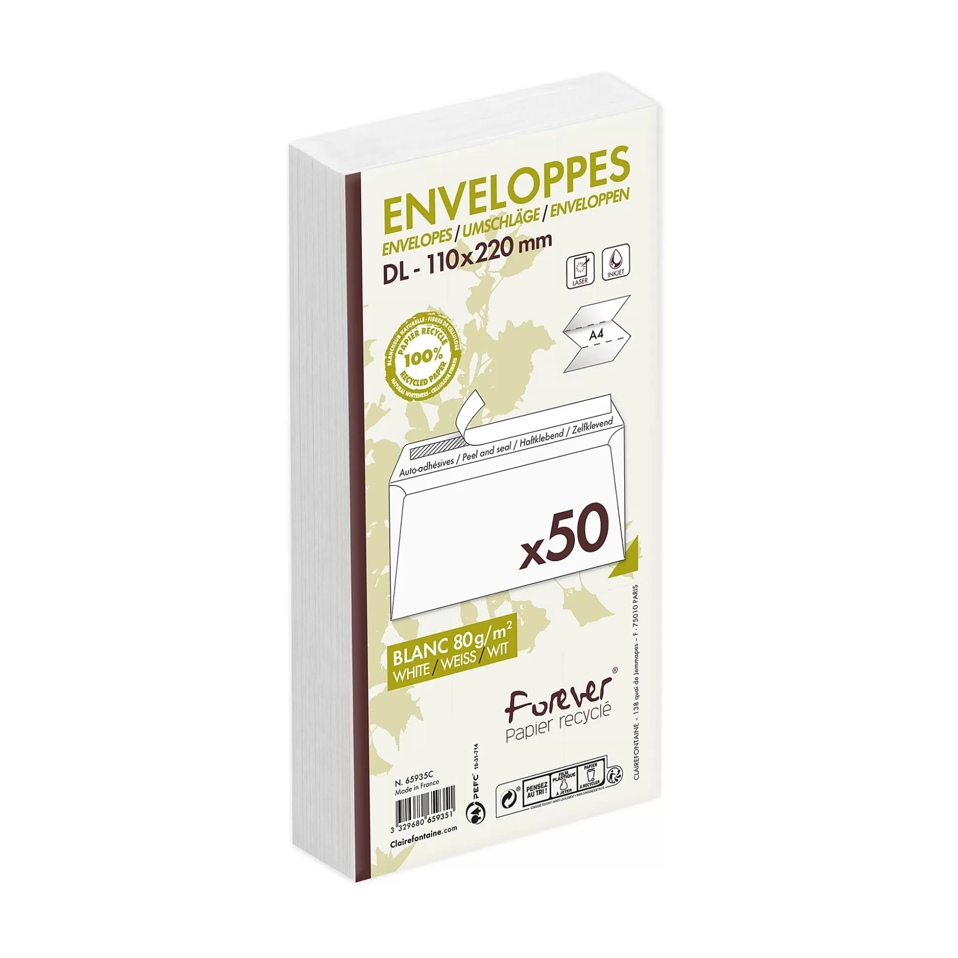 CLAIREFONTAINE Enveloppen & Postzegels-Enveloppen 'Forever' Recycled 22X11Cm Wit 80G/M Dl Zelfklevend 50 Stuks