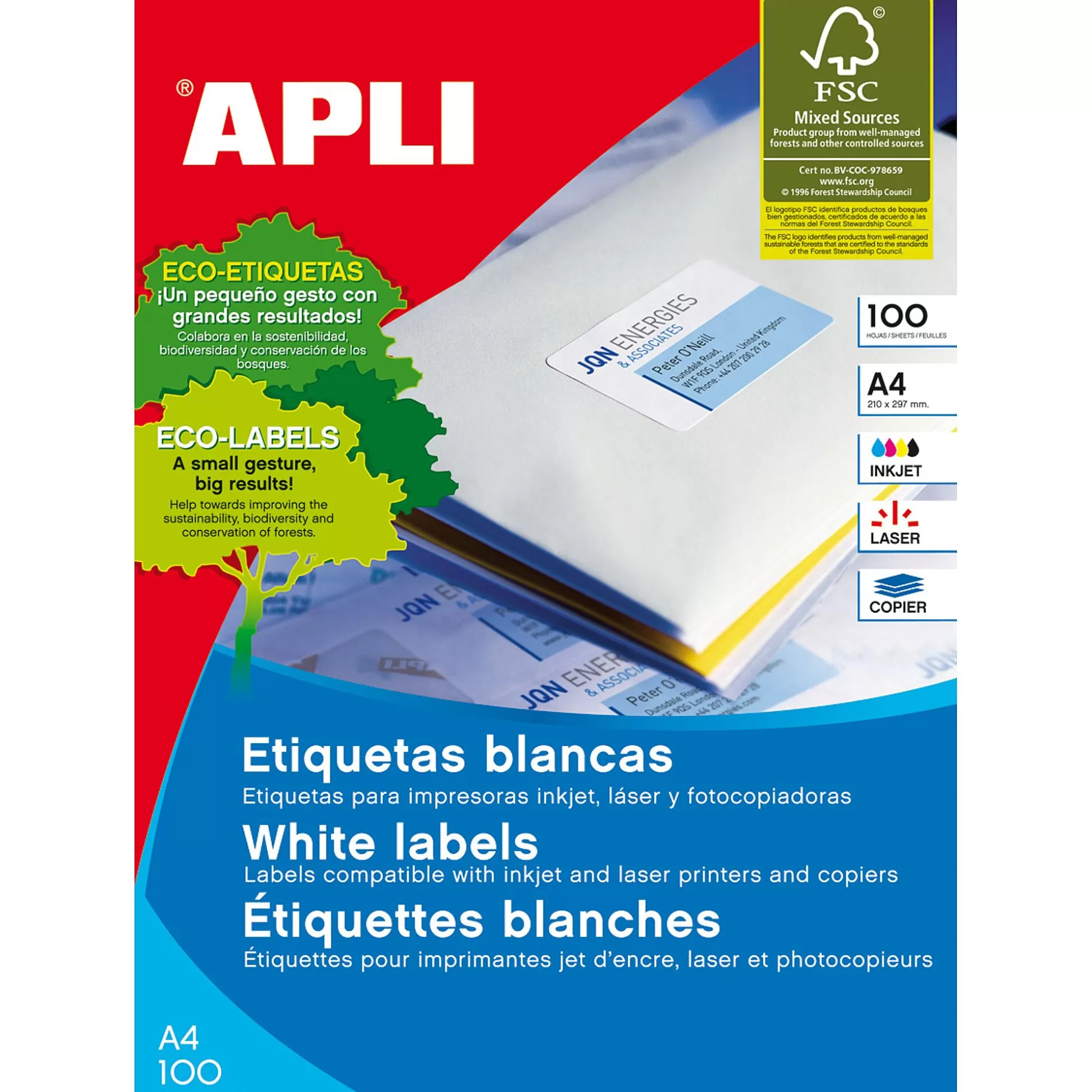 APLI Etiketten & Labels-Etiketten 105X148Mm I/L/C Wit 100 A4-Vellen 400 Stuks