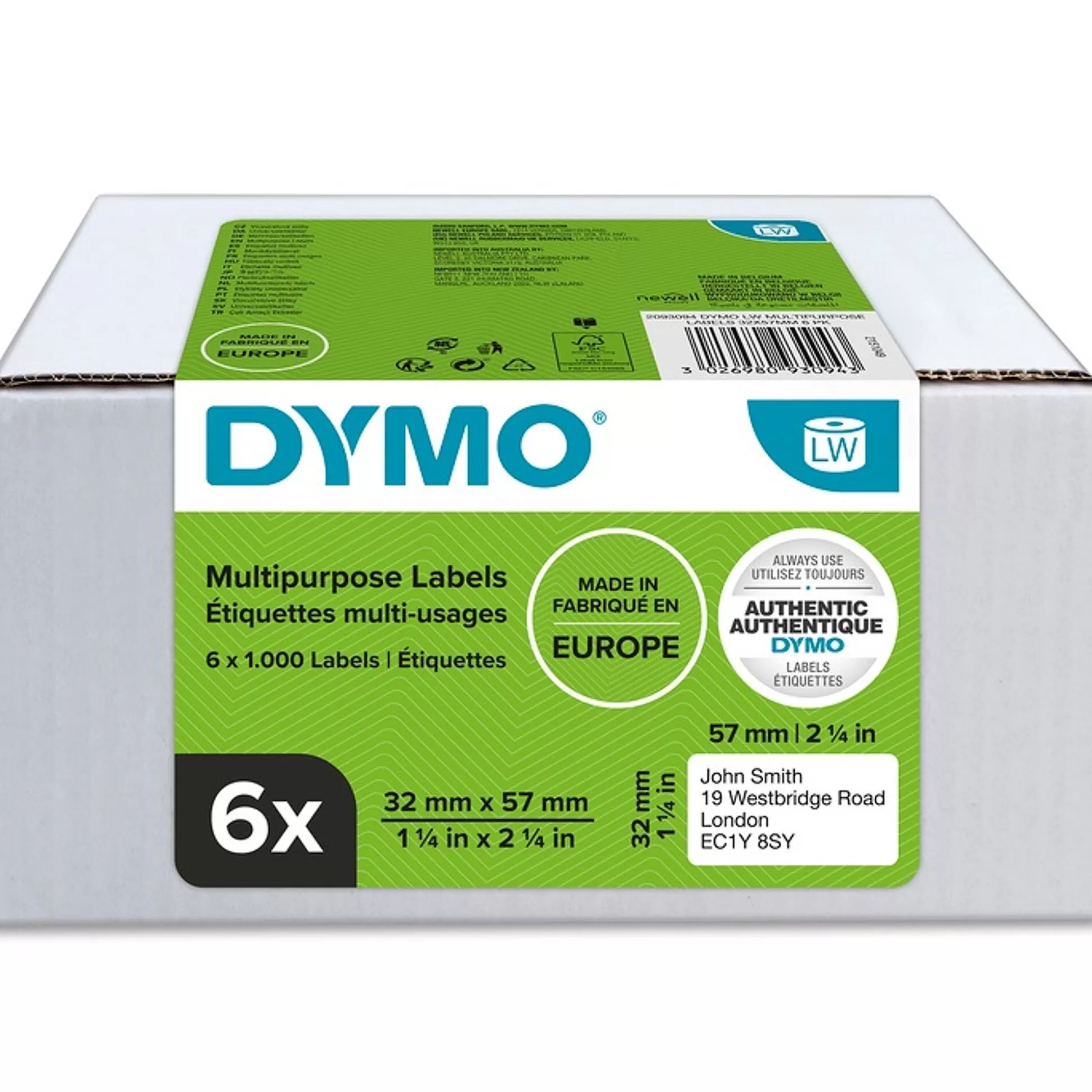 DYMO Labelen & Stempelen-Etiketten Labelwriter Afneembaar 57X32Mm 6X1000 Stuks