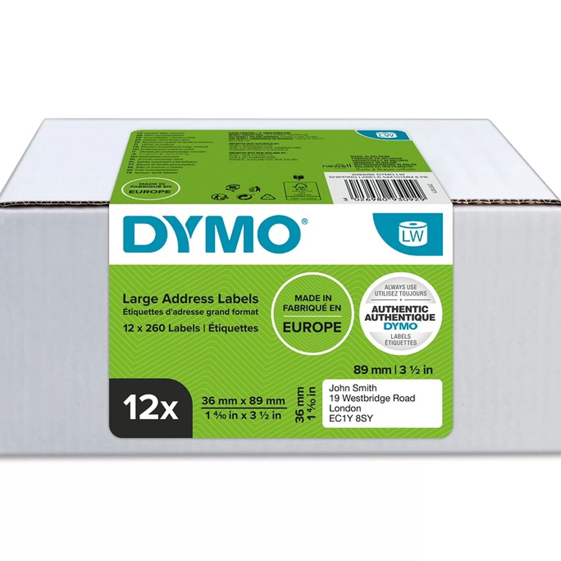 DYMO Labelen & Stempelen-Etiketten Labelwriter Permanent 89X36Mm 12X260 Stuks