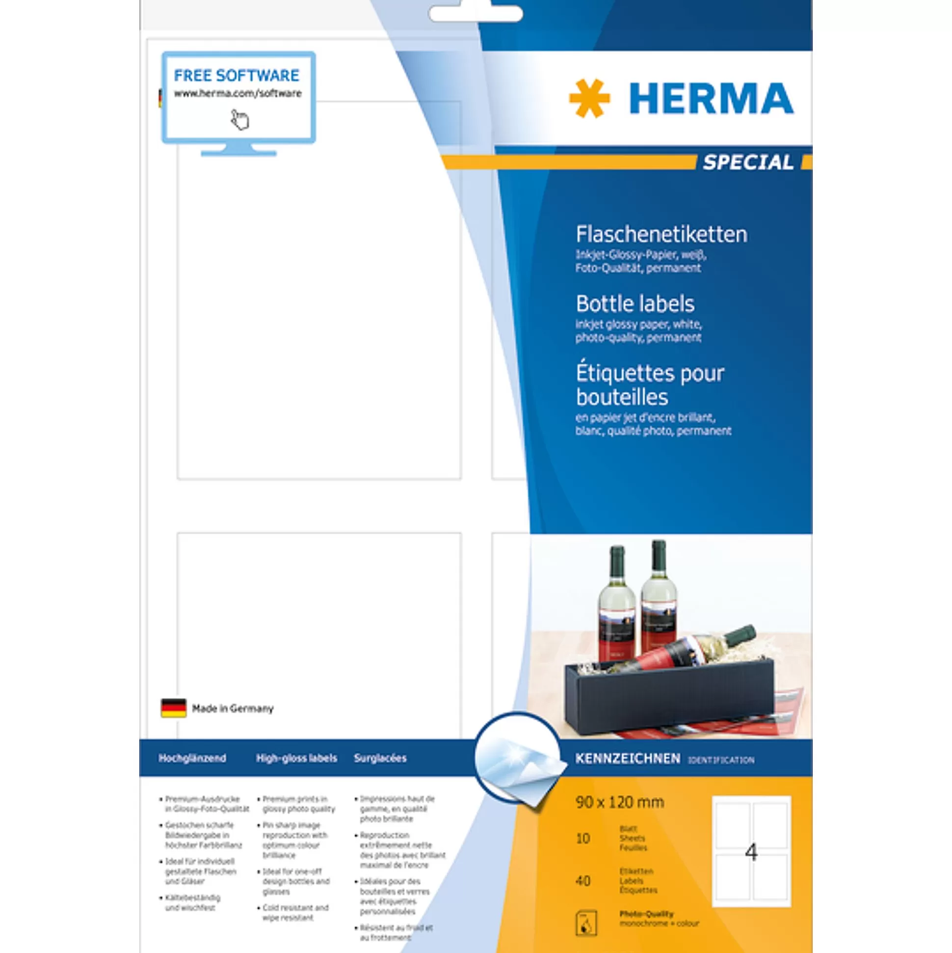 HERMA Etiketten & Labels-Flesetiketten 90X120Mm Glossy 10 A4-Vellen 40 Stuks