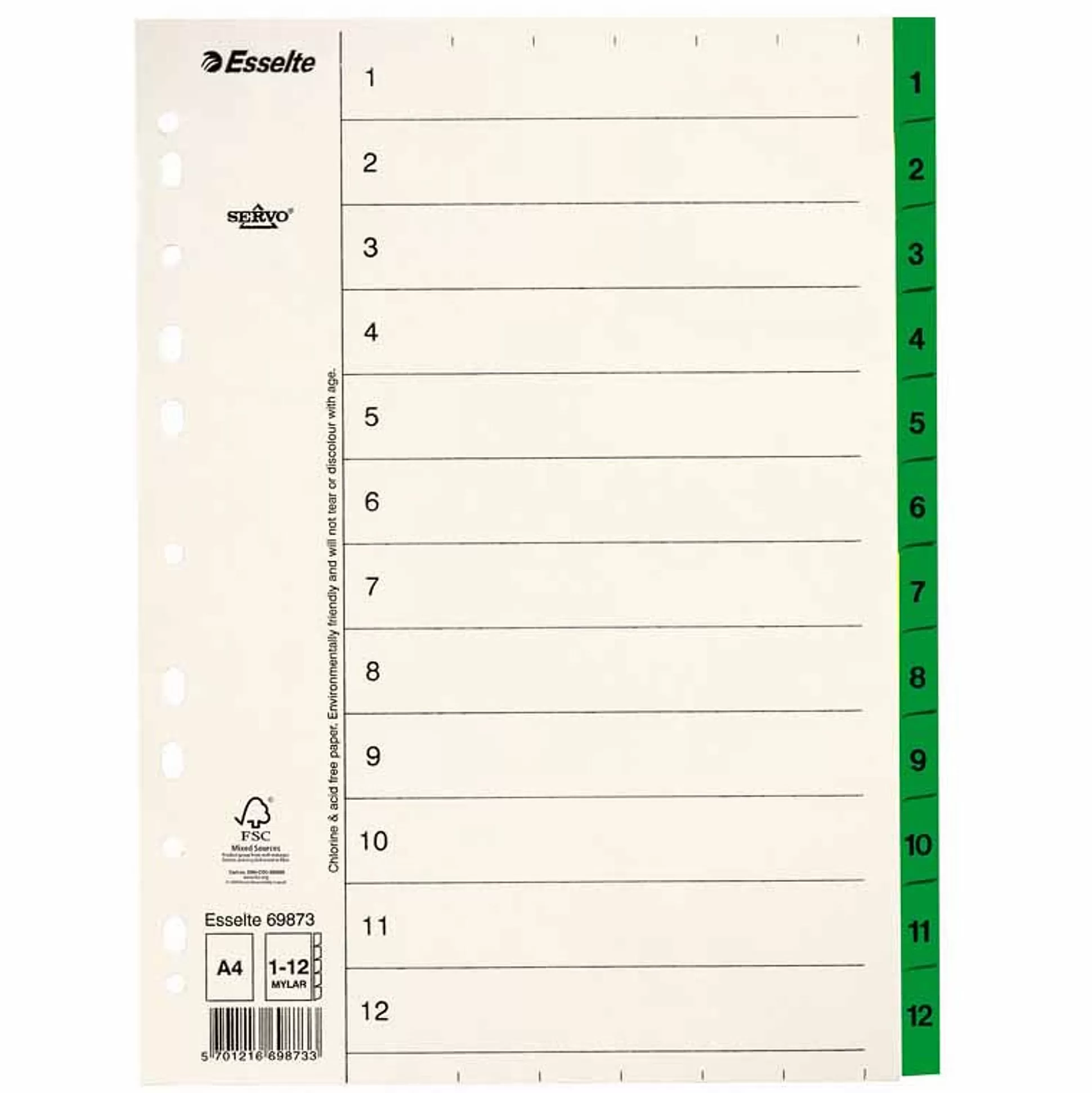 ESSELTE Klasseren-Index 1-12 A4 Luxe Karton Wit/Groen