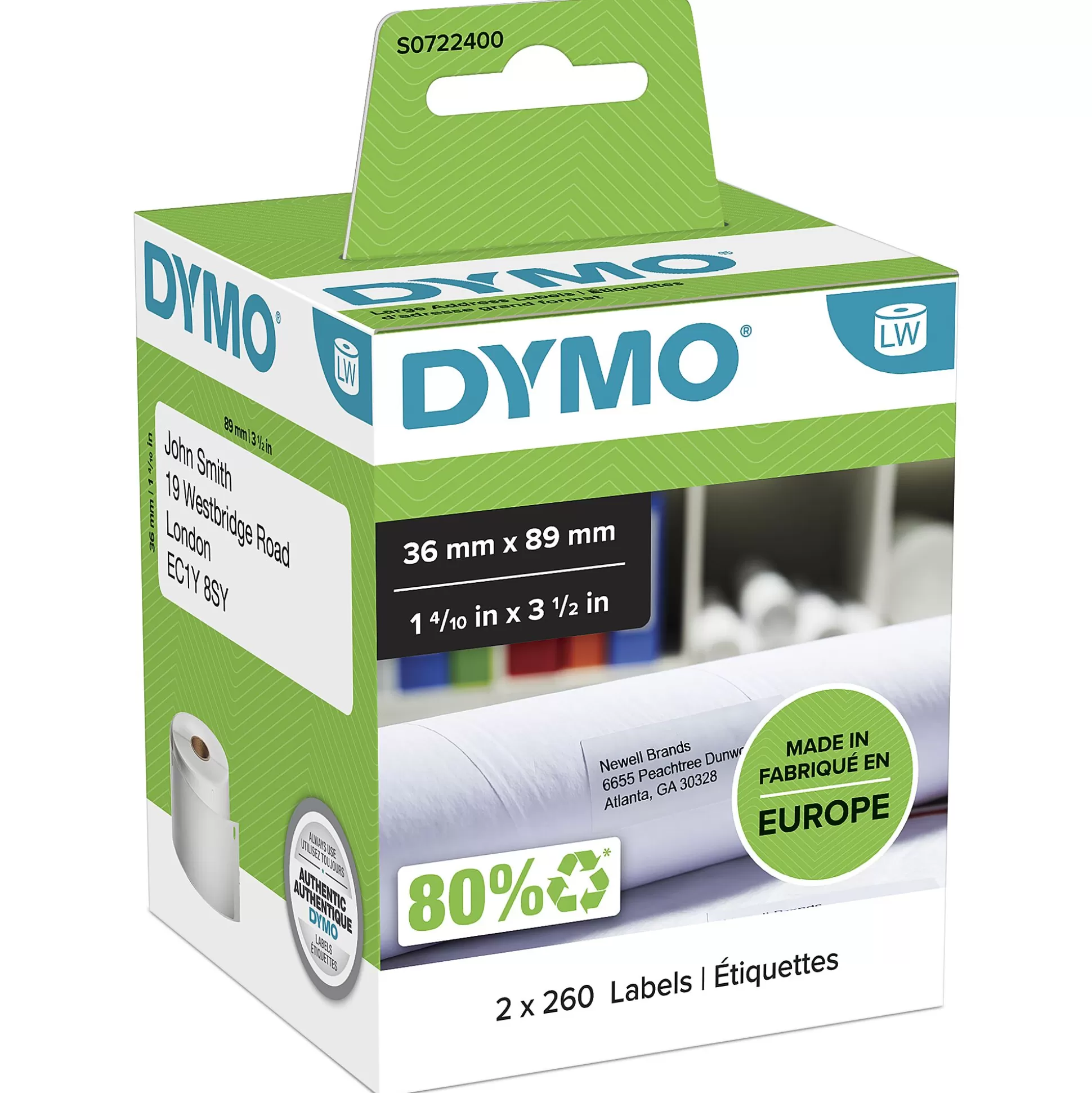 DYMO Labelen & Stempelen-Lw Grote Adreslabels Permanent 89X36Mm 520 Stuks 99012