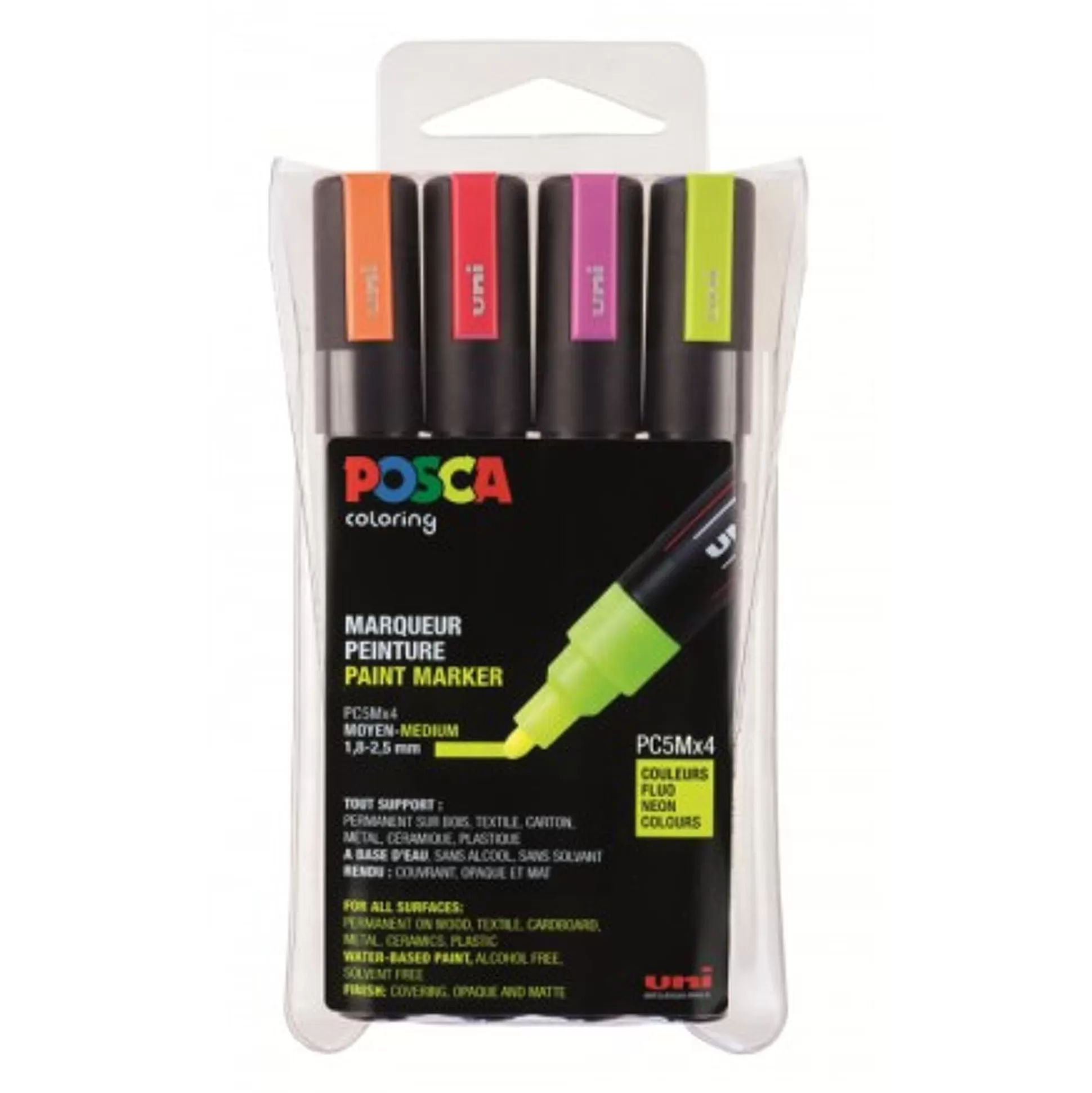 POSCA Stiften-Marker Fluo Rood + Roze + Oranje + Geel Medium 1,8-2,5Mm 4 Stuks