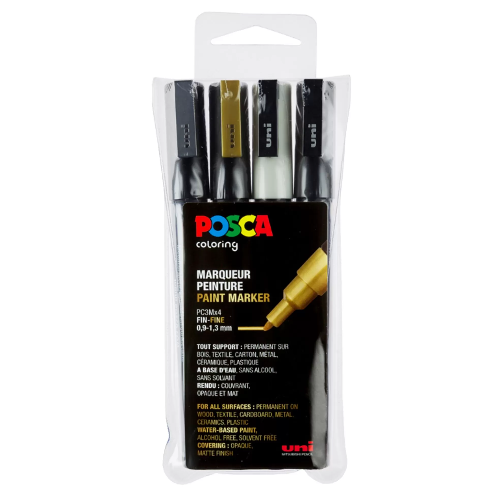 POSCA Stiften-Marker Zilver + Goud + Wit + Zwart Fijn 0,9-1,3Mm 4 Stuks