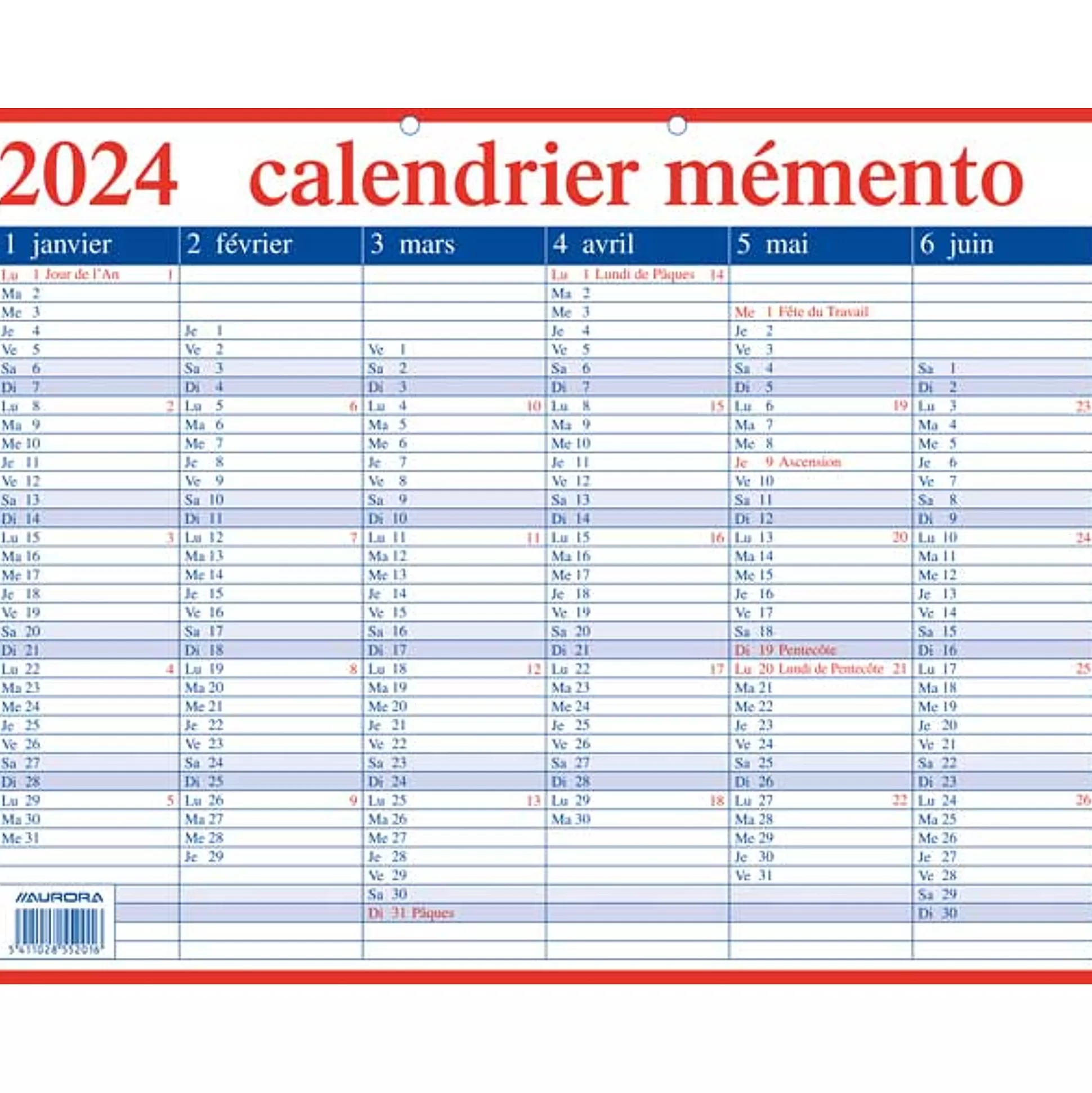 AURORA Kalenders-Memento Kalender Fr 33X42Cm Met Feestdagen