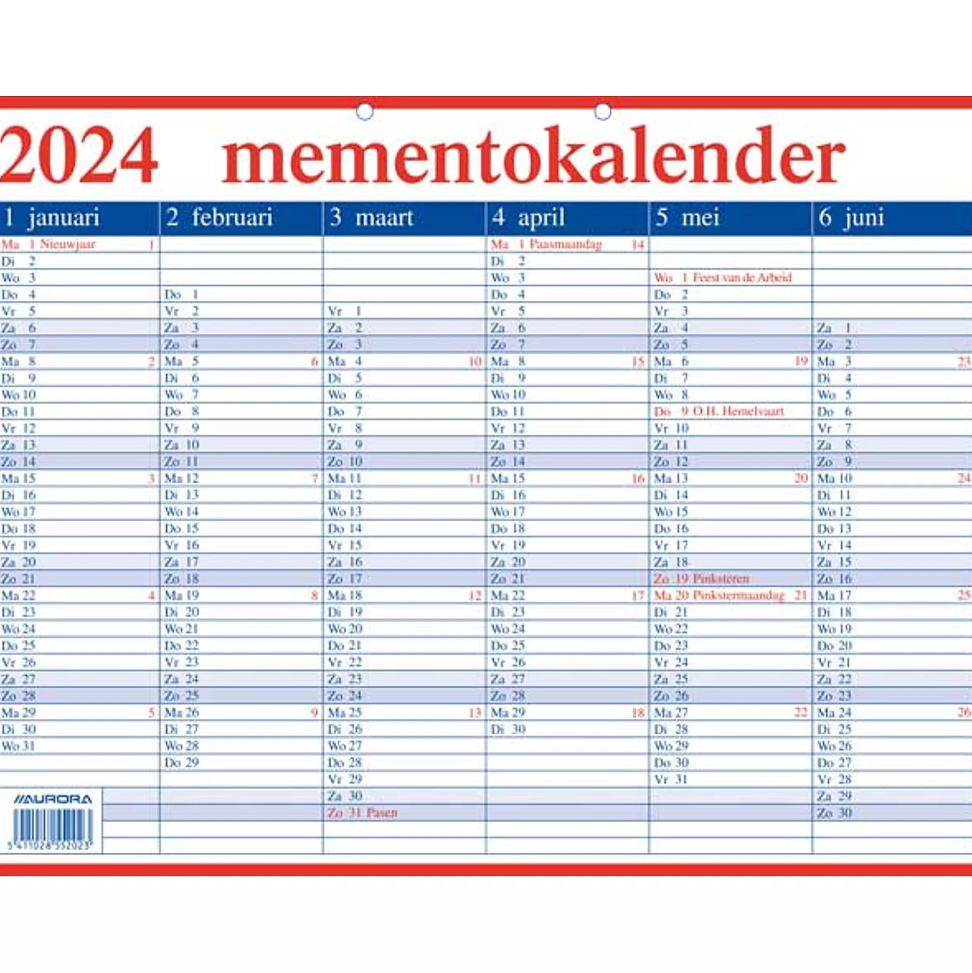 AURORA Kalenders-Memento Kalender Nl 33X42Cm Met Feestdagen