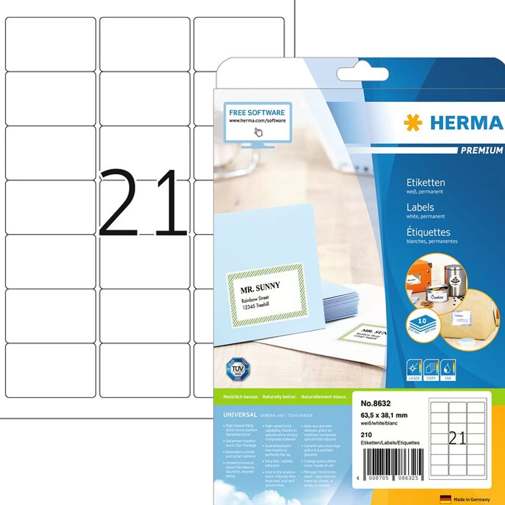 HERMA Etiketten & Labels-Permanente Etiketten Wit 63,5X38,1Mm 10 A4-Vellen 210 Stuks