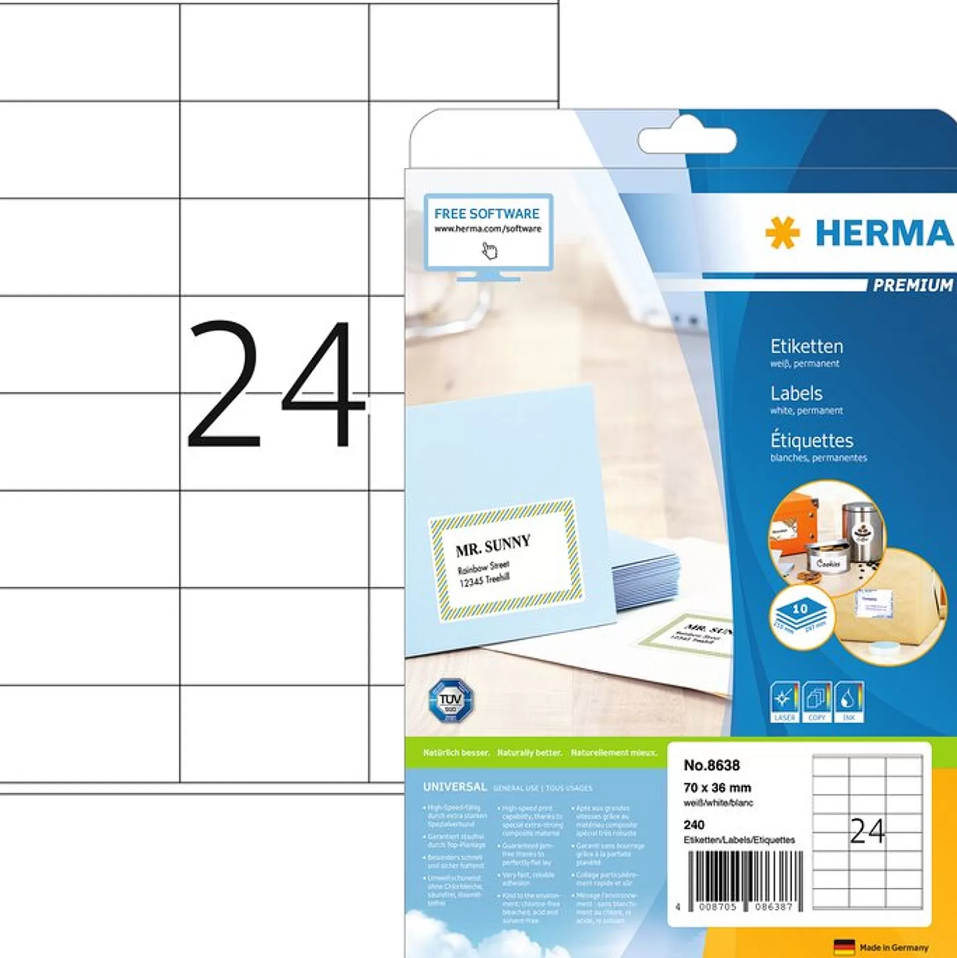 HERMA Etiketten & Labels-Permanente Etiketten Wit 70X36Mm 10 A4-Vellen 240 Stuks