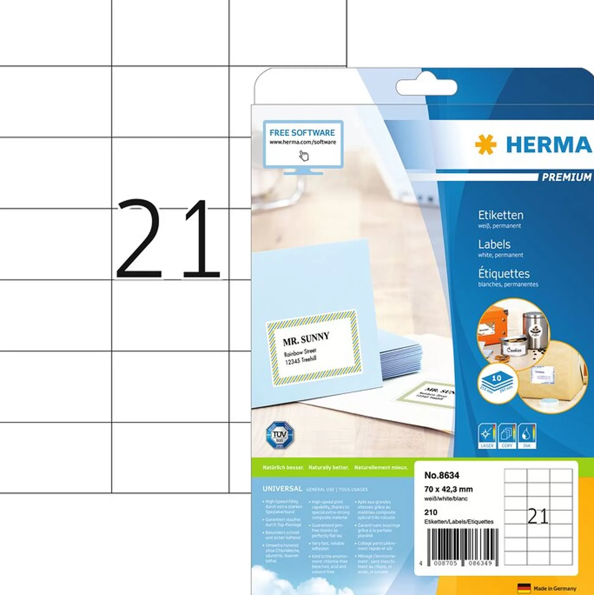 HERMA Etiketten & Labels-Permanente Etiketten Wit 70X42,3Mm 10 A4-Vellen 210 Stuks