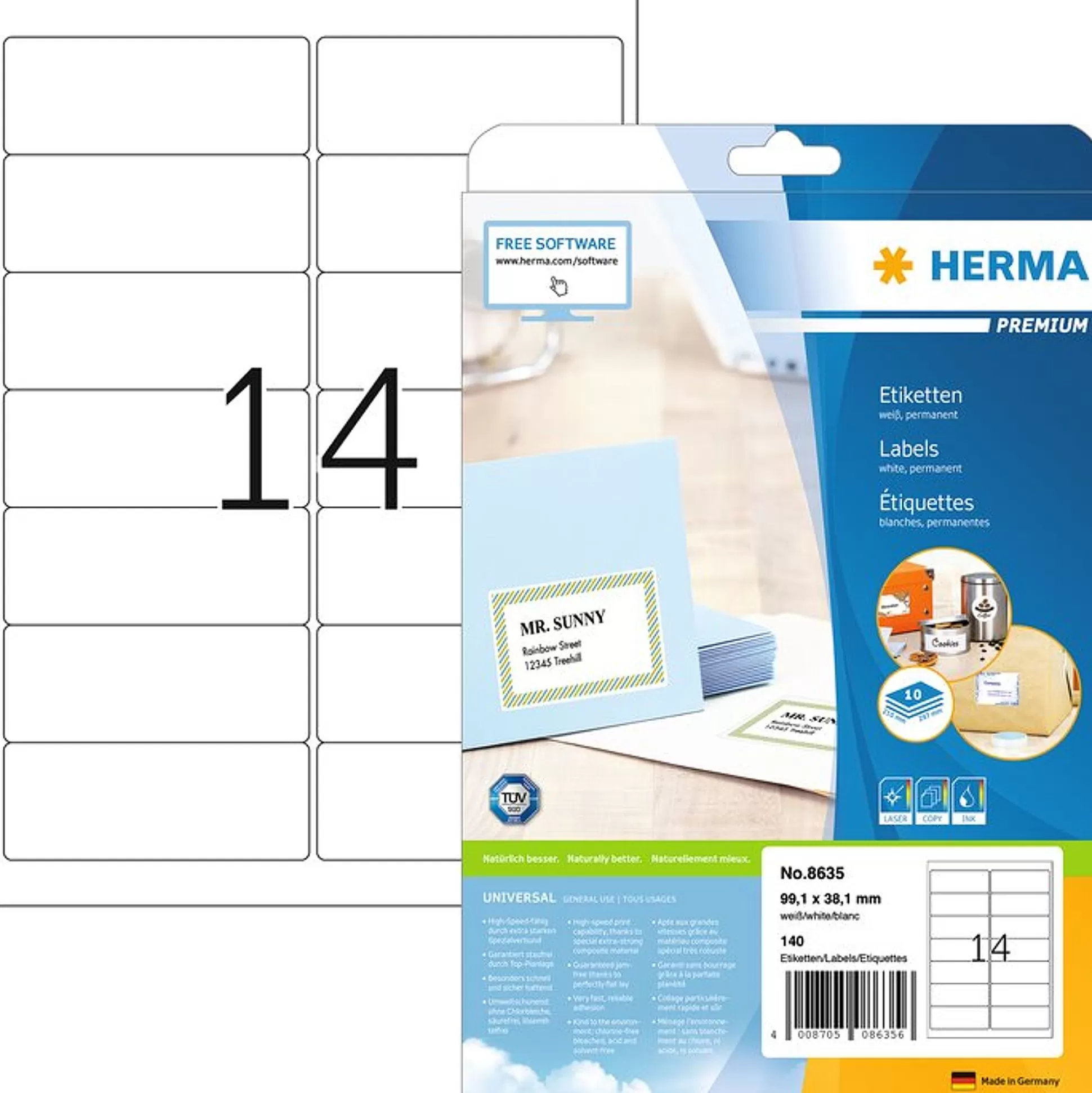 HERMA Etiketten & Labels-Permanente Etiketten Wit 99,1X38,1Mm 10 A4-Vellen 140 Stuks