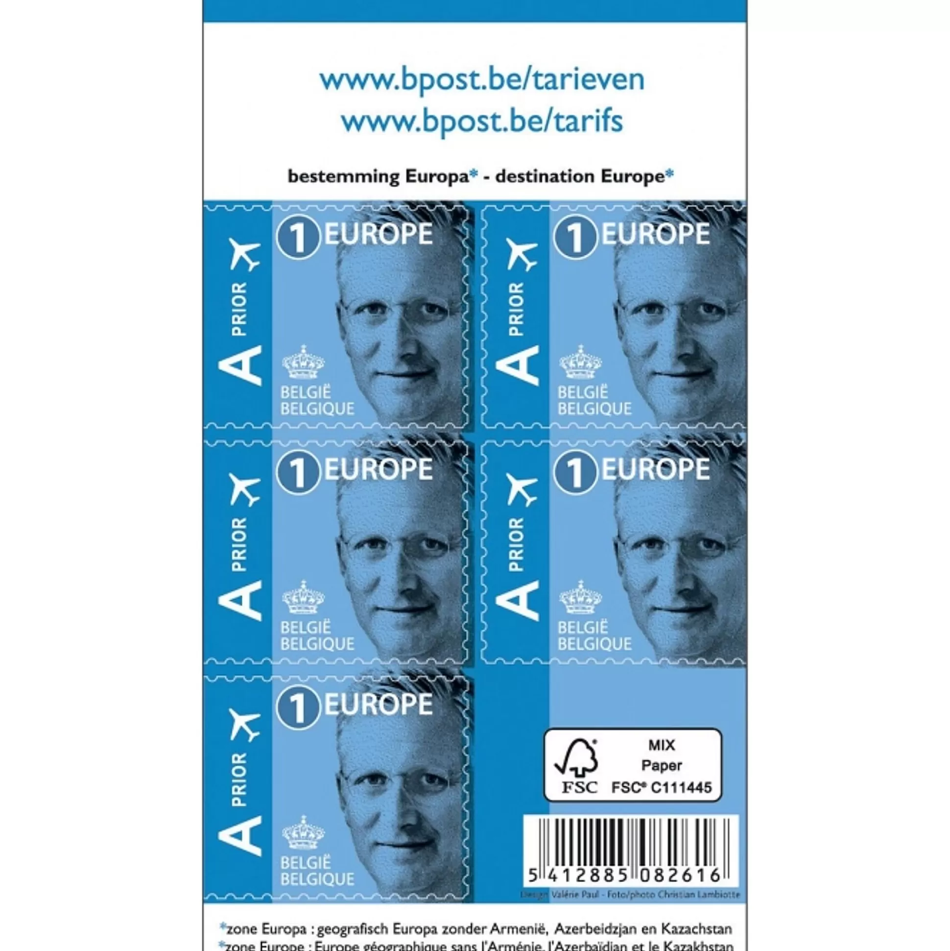 BPOST Enveloppen & Postzegels-Postzegel Europees Tarief Koning Filip 5 Stuks