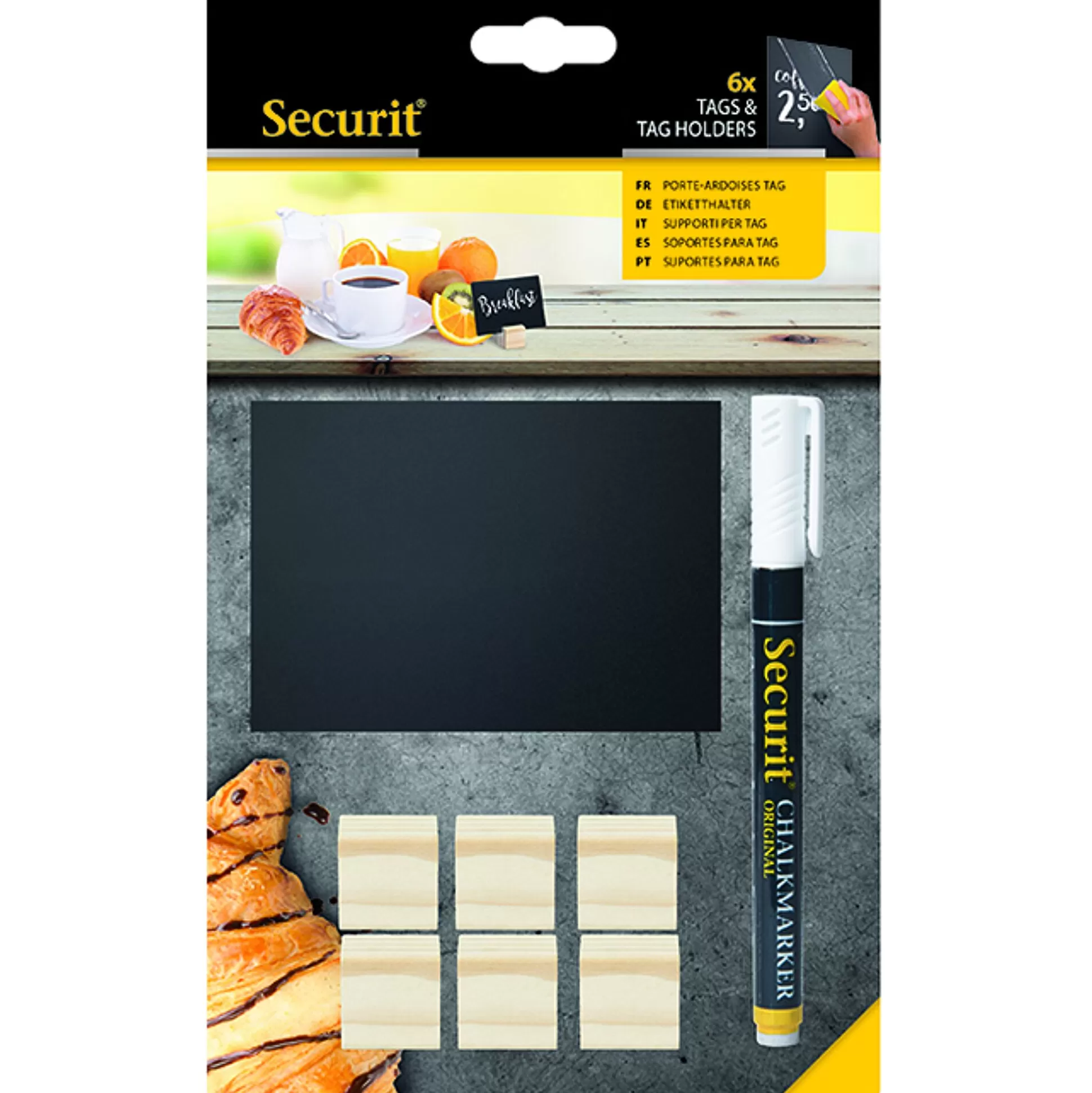 SECURIT Klein Presentatiemateriaal-Prijskaart A7 Zwart + Houten Houder 6 Sets + Stift