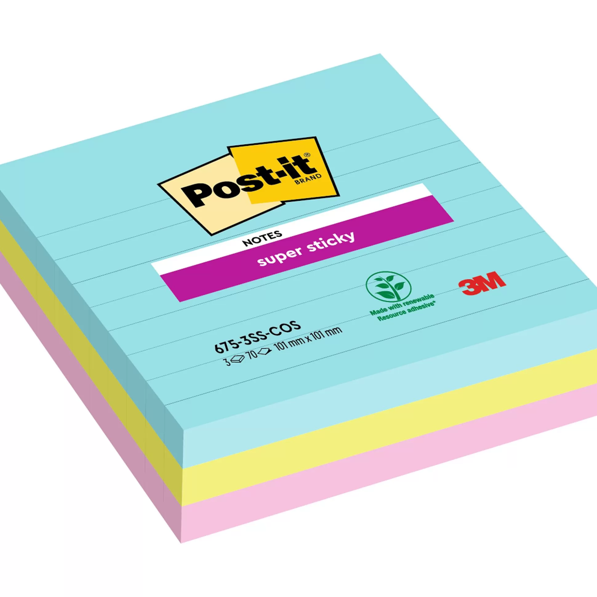 POST-IT Notitieblokken-Super Sticky Notes 101X101Mm Kleurenset Miami 70 Vellen 3 Blokken