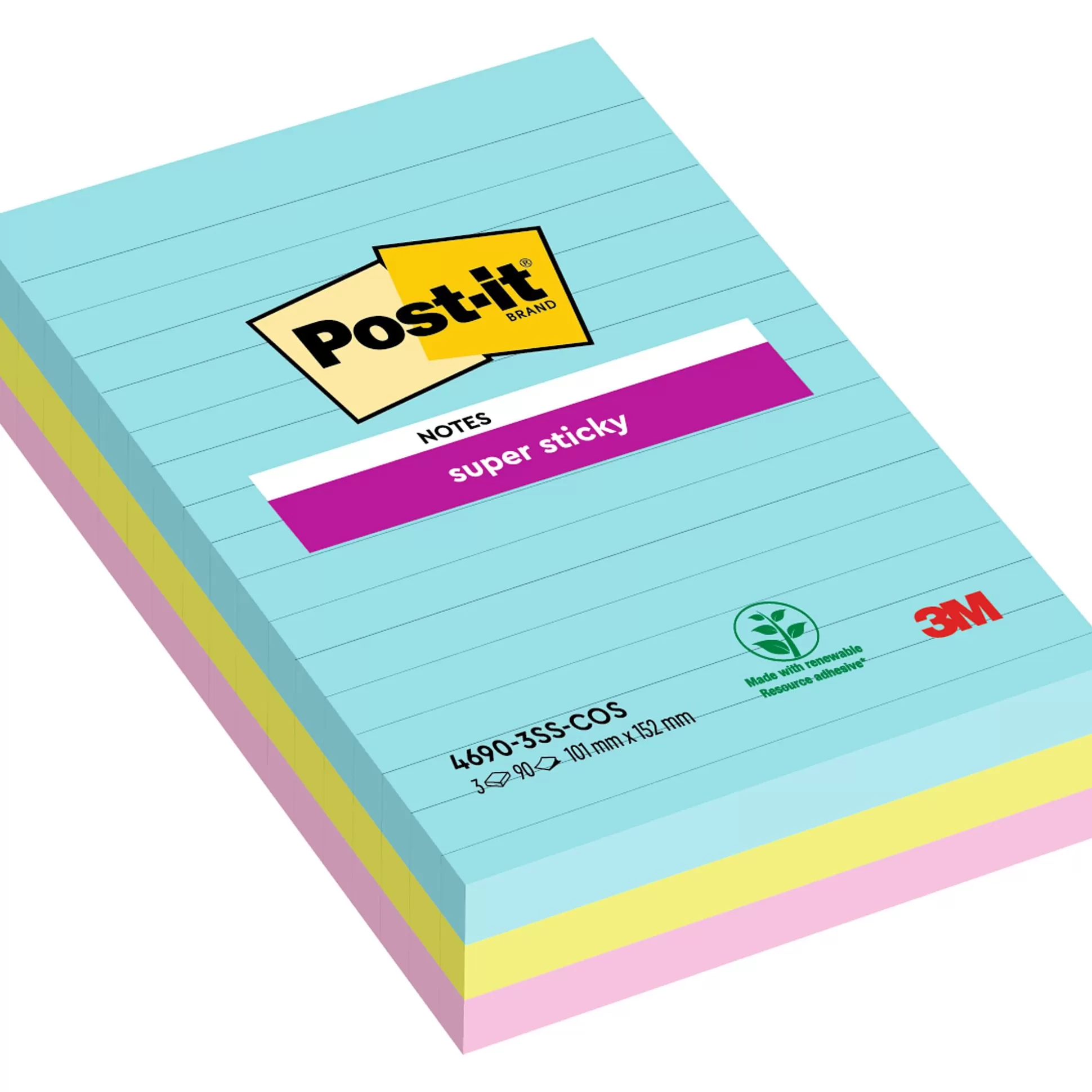 POST-IT Notitieblokken-Super Sticky Notes 101X152Mm Gelijnd Aqua/Neon Groen/Neon Roze 90 Vellen/Kleur