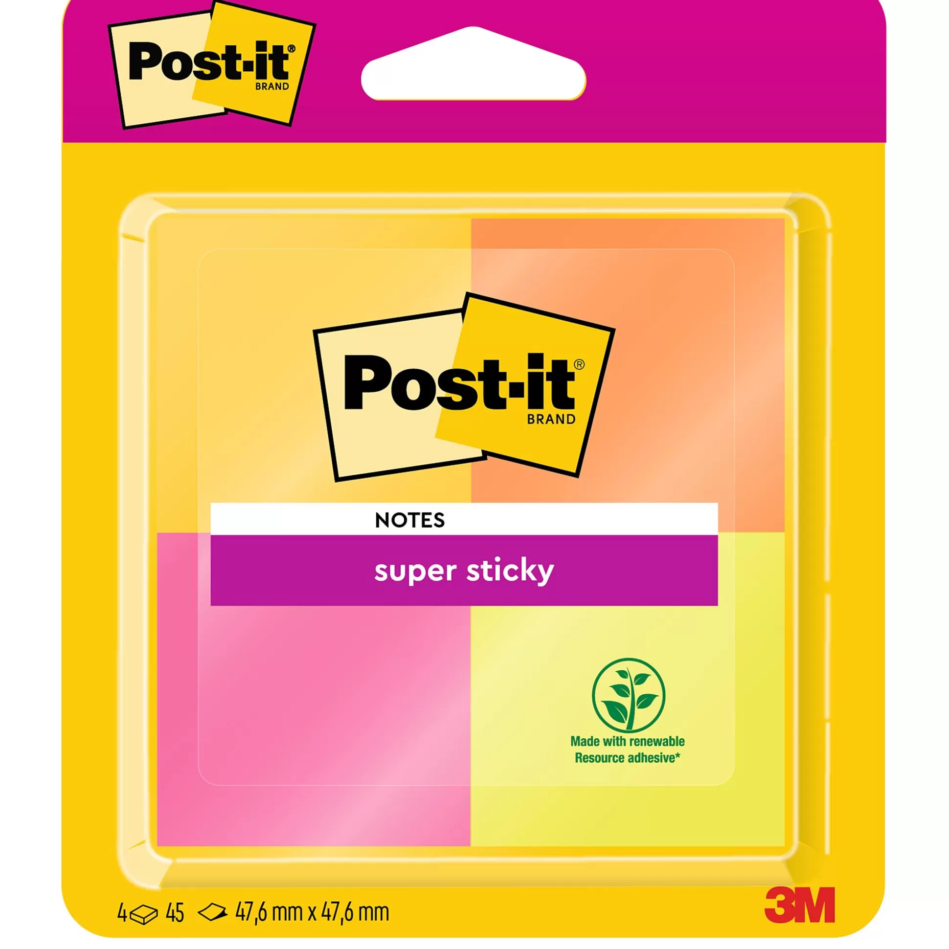 POST-IT Notitieblokken-Super Sticky Notes 48X48Mm Neon Geel/Roze/Oranje/Groen