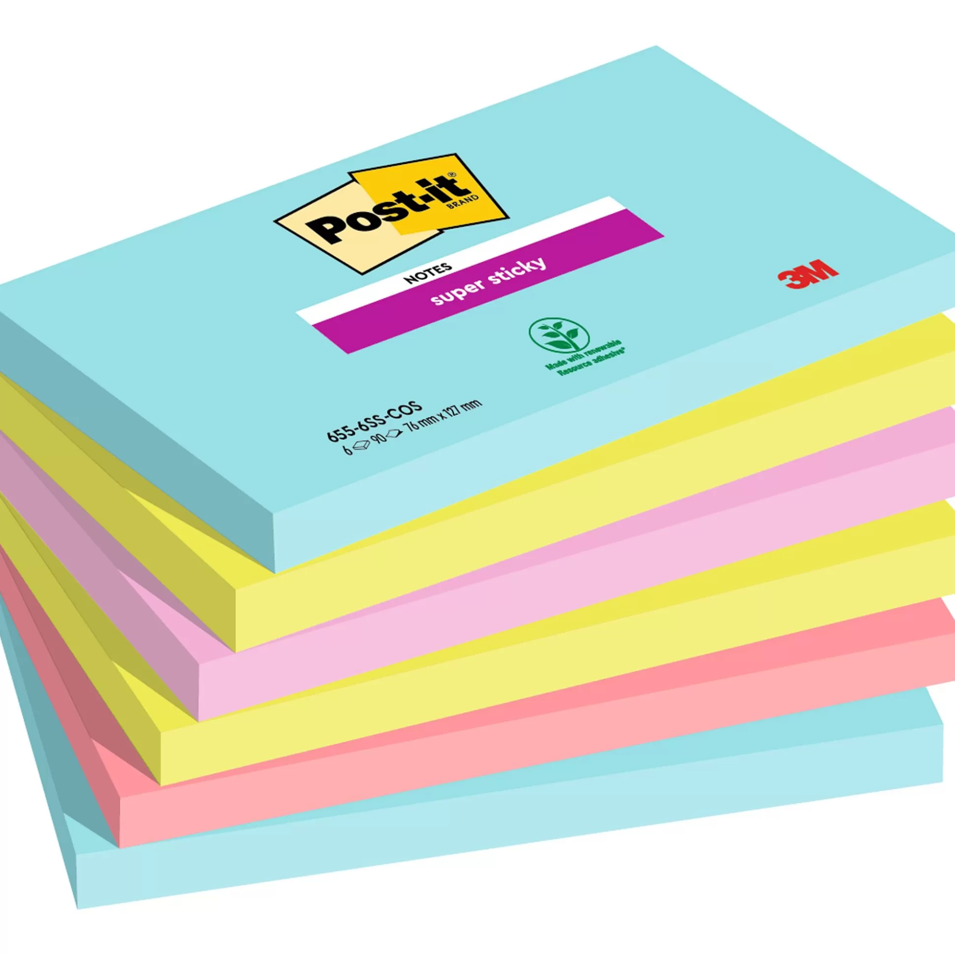 POST-IT Notitieblokken-Super Sticky Notes 76X127Mm 2X Aqua 2X Neon Groen 1X Neon Rose 1X Poppy 90 Vellen/Blok