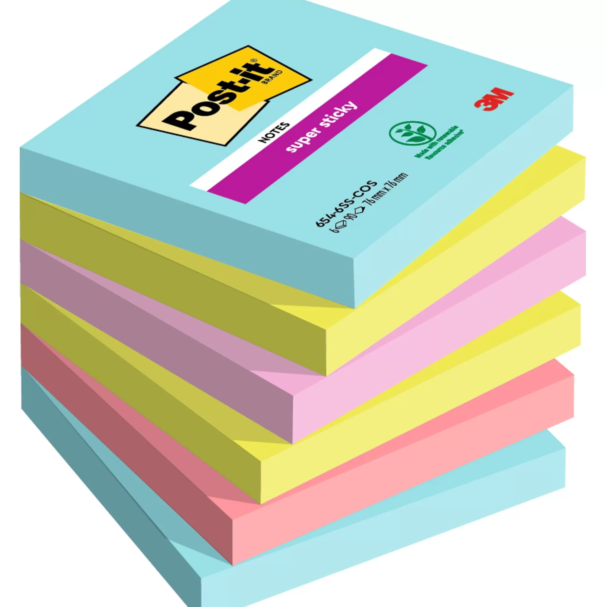 POST-IT Notitieblokken-Super Sticky Notes 76X76Mm 2X Aqua, 2X Neon Groen, 1X Neon Roze, 1X Poppy 90 Vellen