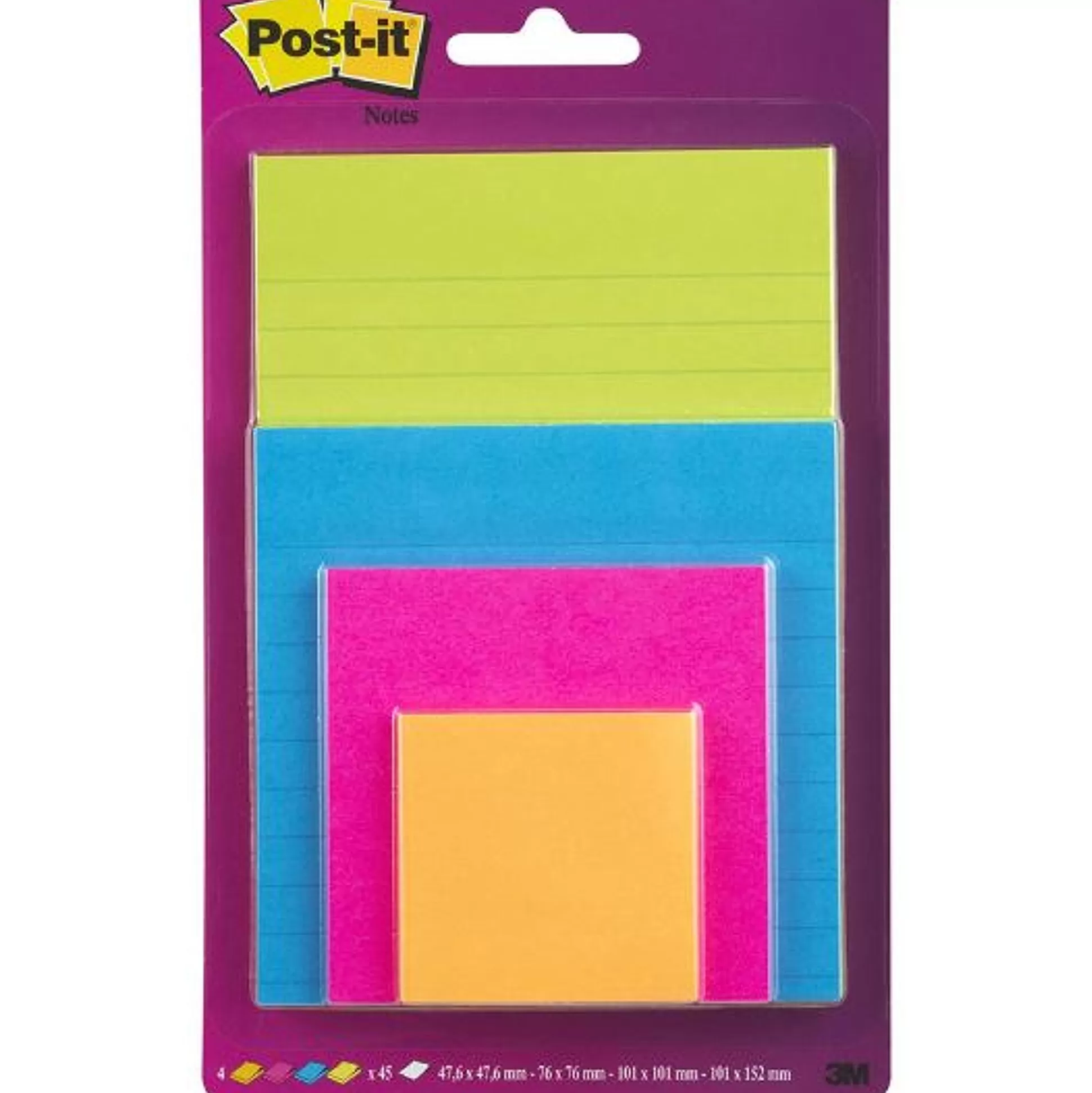 POST-IT Notitieblokken-Super Sticky Notes Multi Size Pack Neon Oranje/Fuchsia/Blauw Gelijnd/Neon Groen Gelijnd 45 Vellen/Kleur
