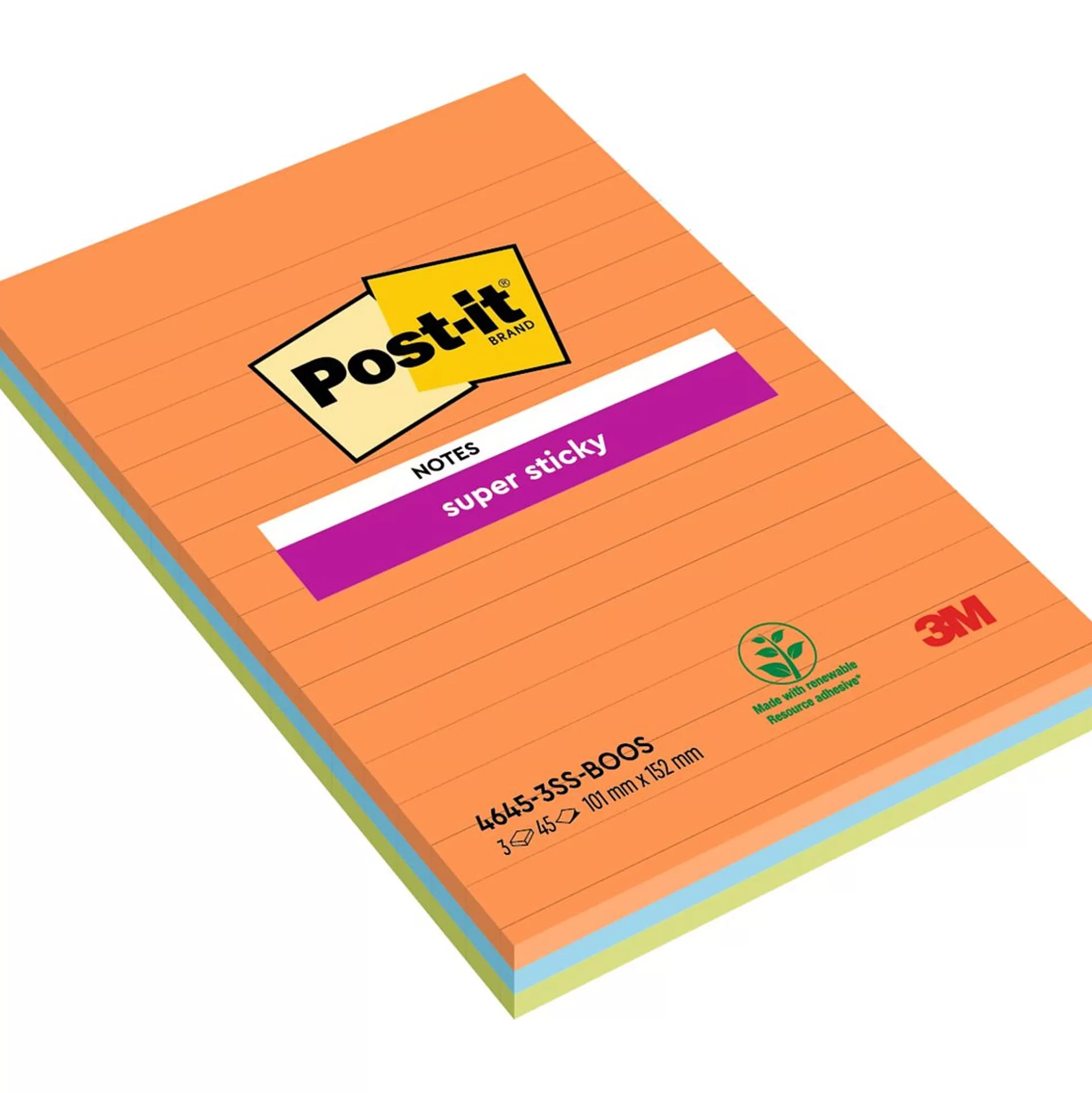 POST-IT Notitieblokken-Super Sticky Notes Multicolor 101X152Mm 3X45 Vellen Gelijnd