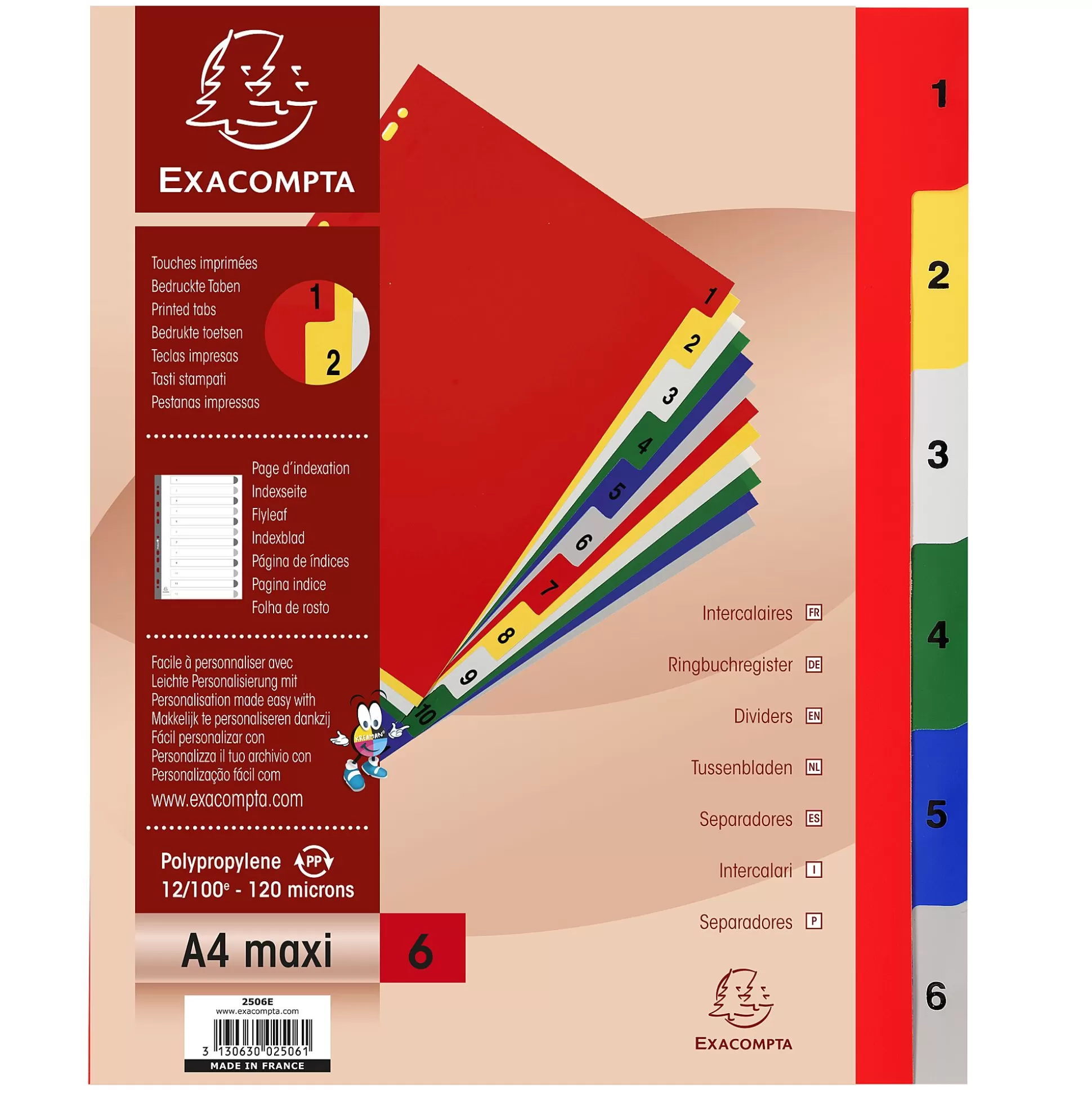EXACOMPTA Klasseren-Tabbladen Pp A4 Maxi 6 Tabs Bedrukt 1 Tot 6