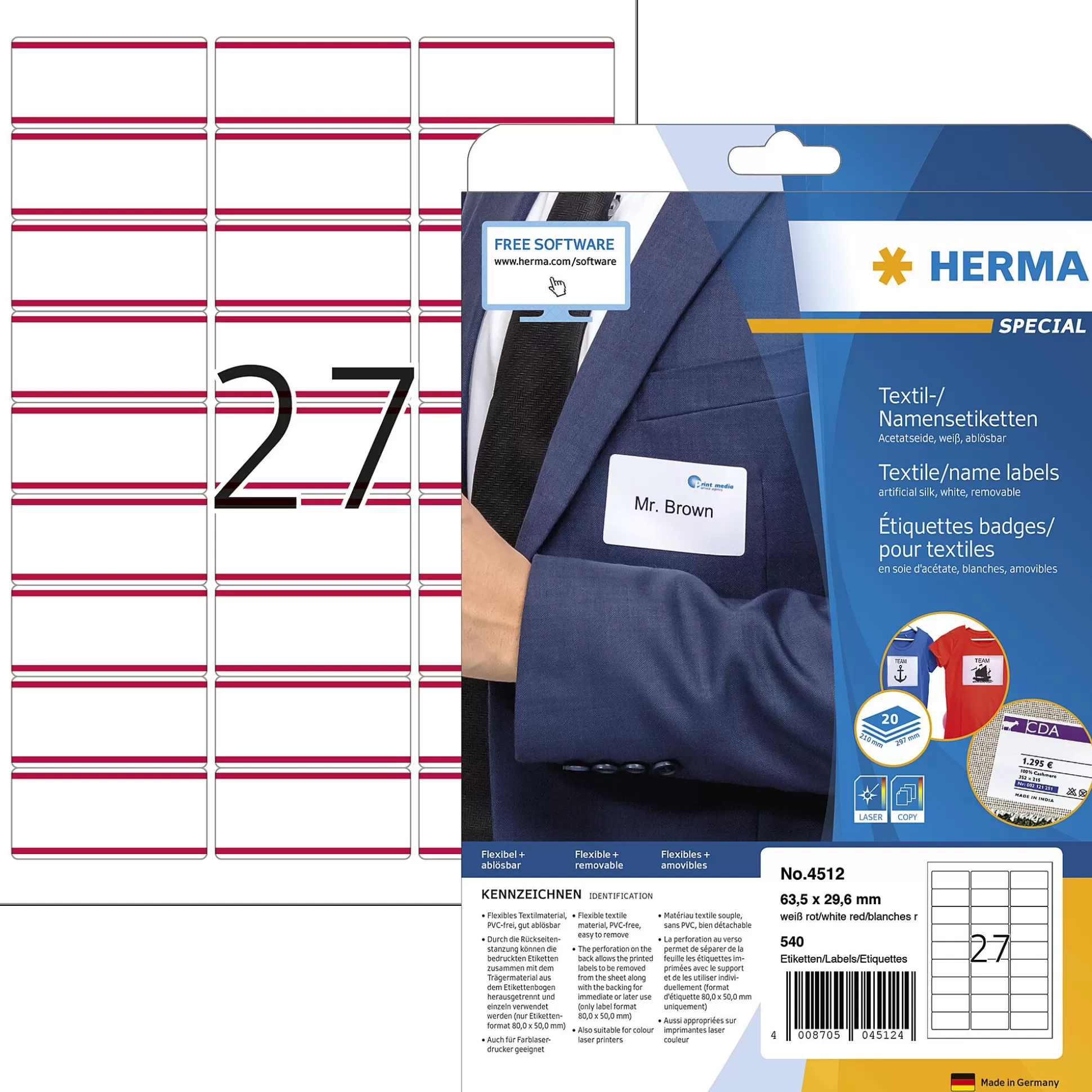 HERMA Etiketten & Labels-Textieletiketten A4 63,5X29,6Mm Wit Verwijderbaar 540 Stuks 20 Vellen