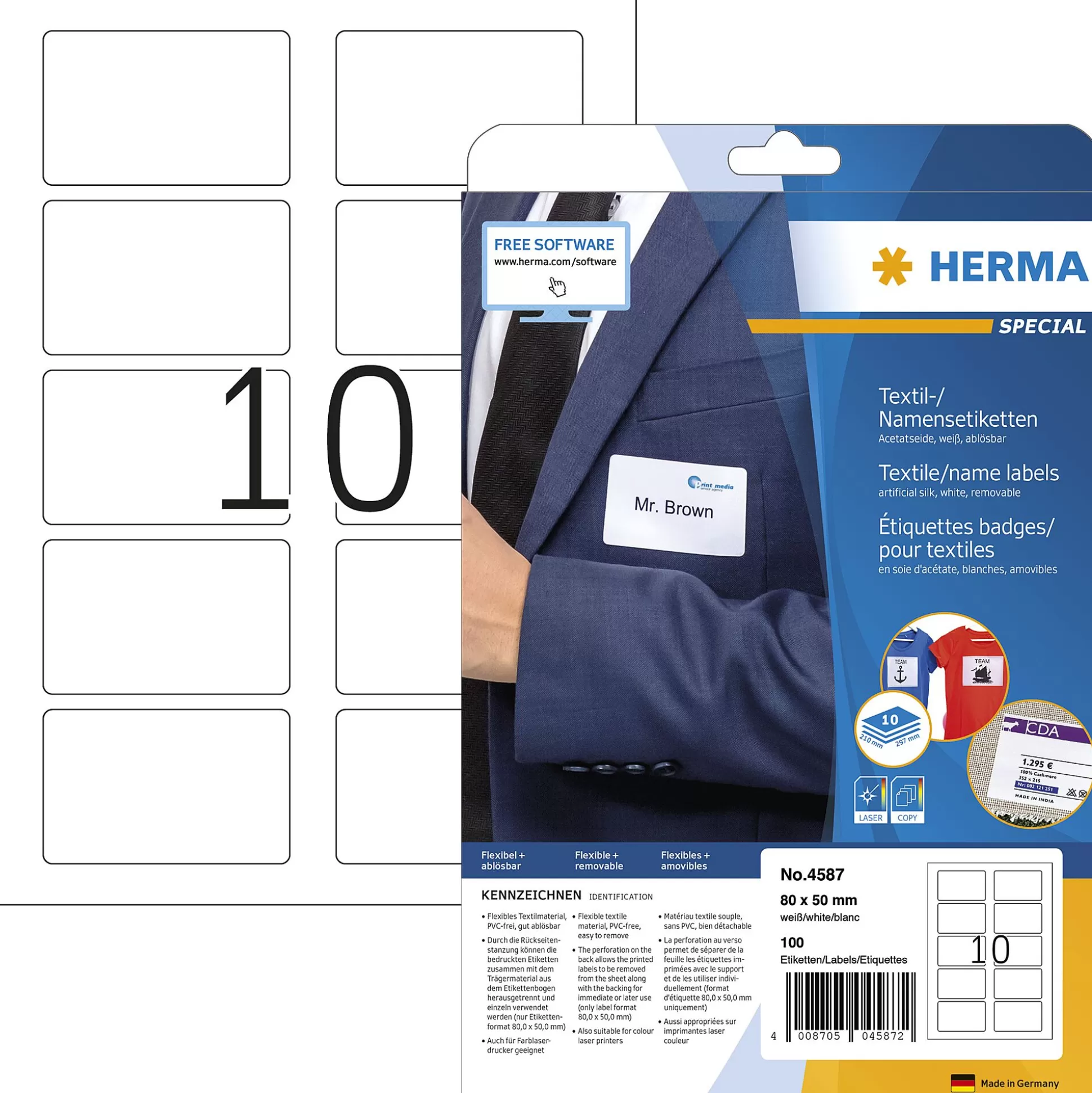 HERMA Etiketten & Labels-Textieletiketten A4 80X50Mm Wit Verwijderbaar 100 Stuks 10 Vellen