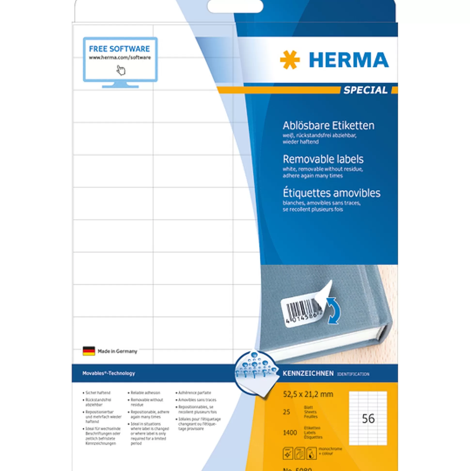 HERMA Etiketten & Labels-Verwijderbare Etiketten 5,22X2,12Cm 25 A4-Vellen 1400 Stuks