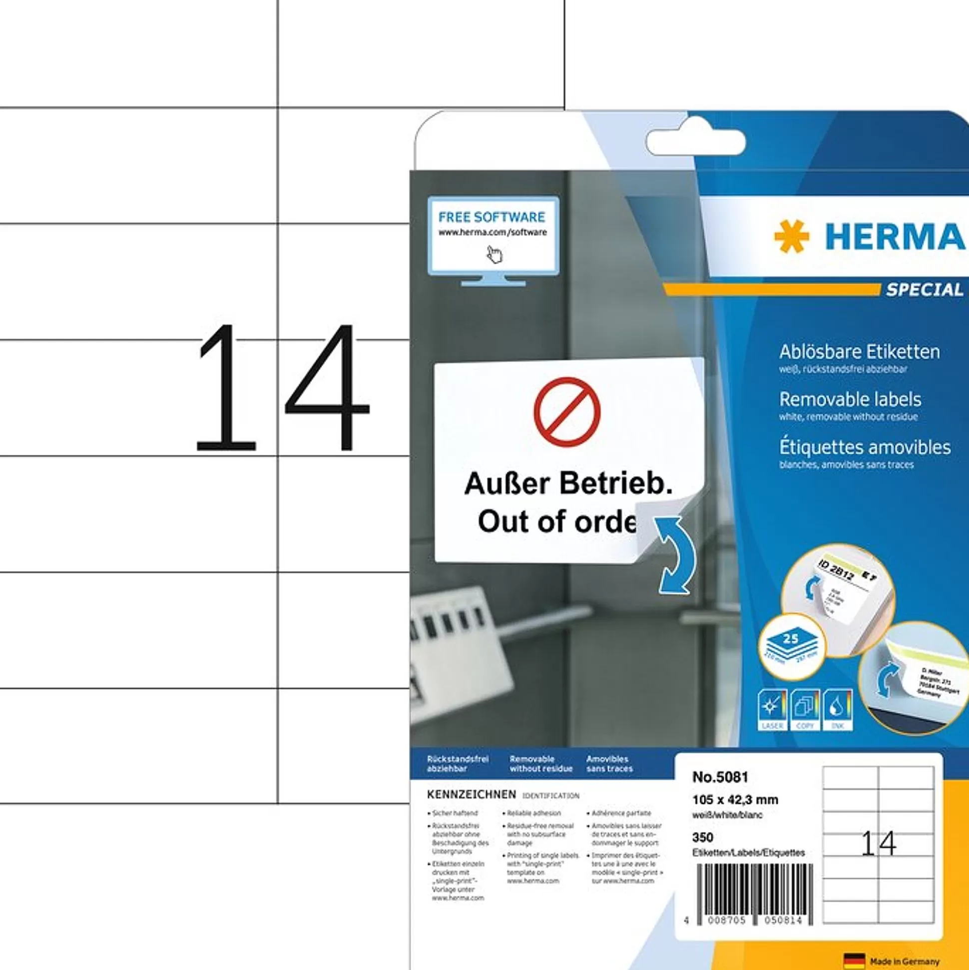 HERMA Etiketten & Labels-Verwijderbare Etiketten Wit 105X42,3Mm 25 A4-Vellen 350 Stuks