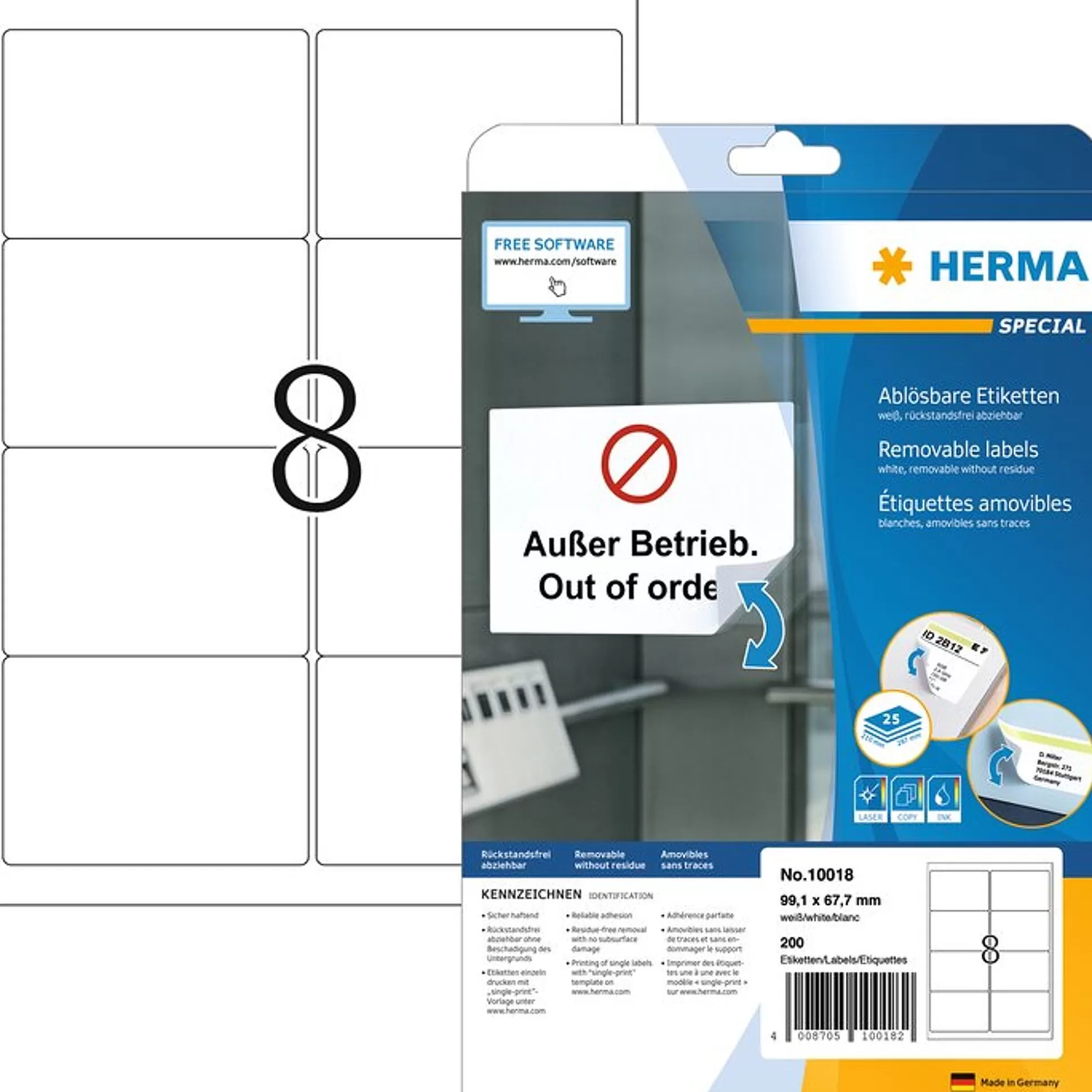 HERMA Etiketten & Labels-Verwijderbare Etiketten Wit 99,1X67,7Mm 25 A4-Vellen 200 Stuks