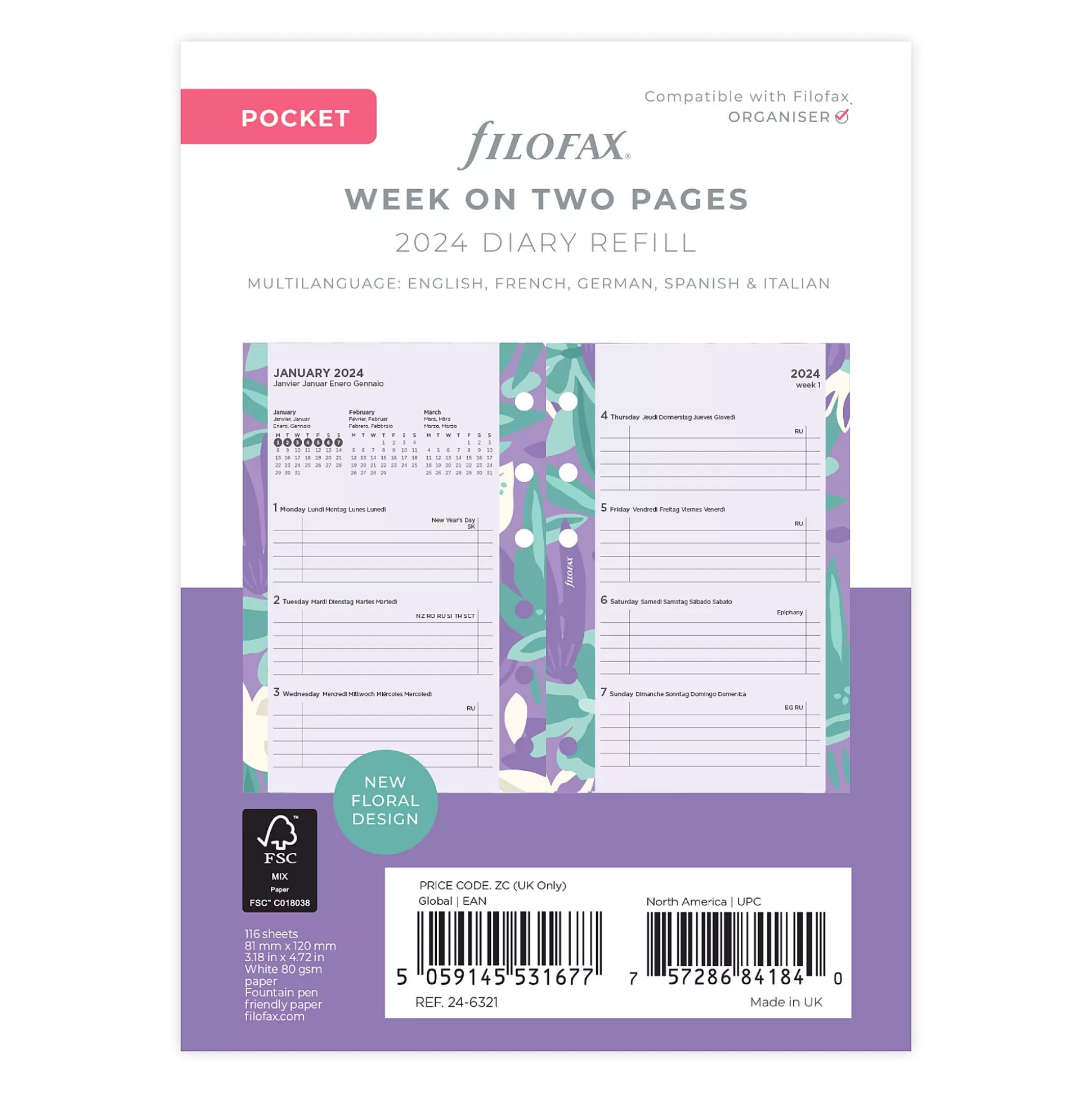 FILOFAX Planners & Lijstjes-Vulling Agenda 8,1X12Cm 1 Week Op 2 Pagina's 6 Talen Floral Pocket