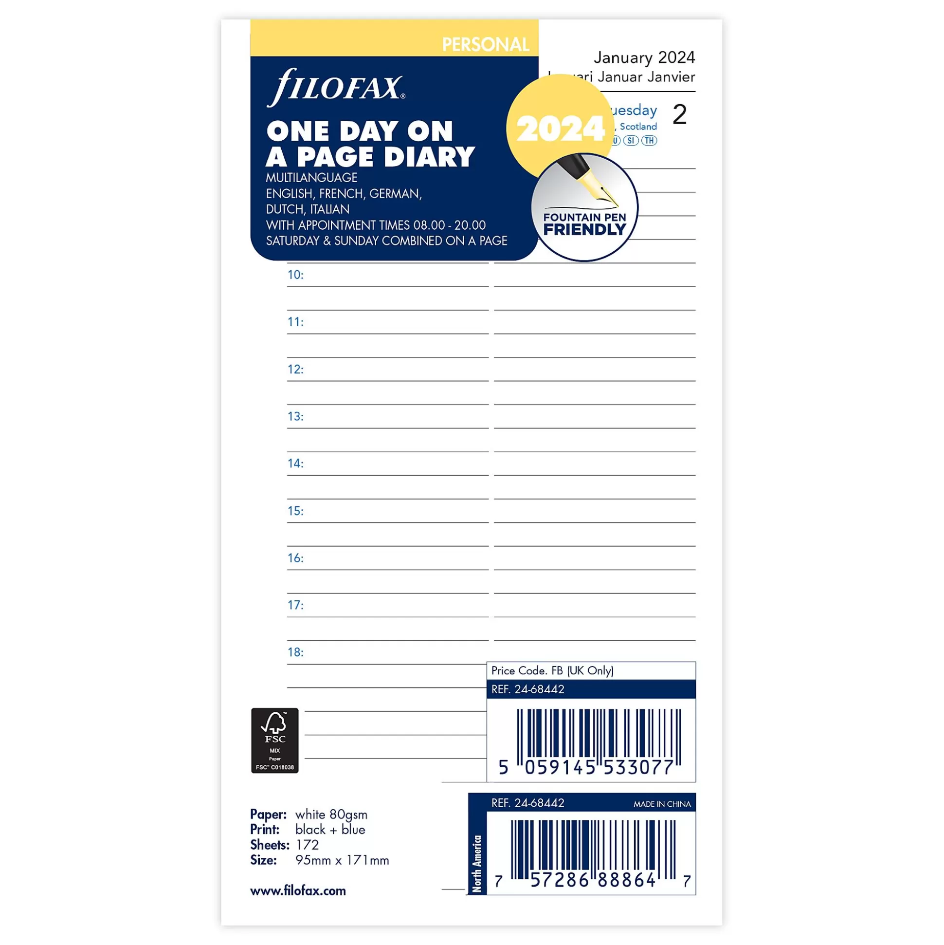 FILOFAX Planners & Lijstjes-Vulling Agenda 9,5X17,1Cm 1 Dag Per Pagina 5 Talen Personal