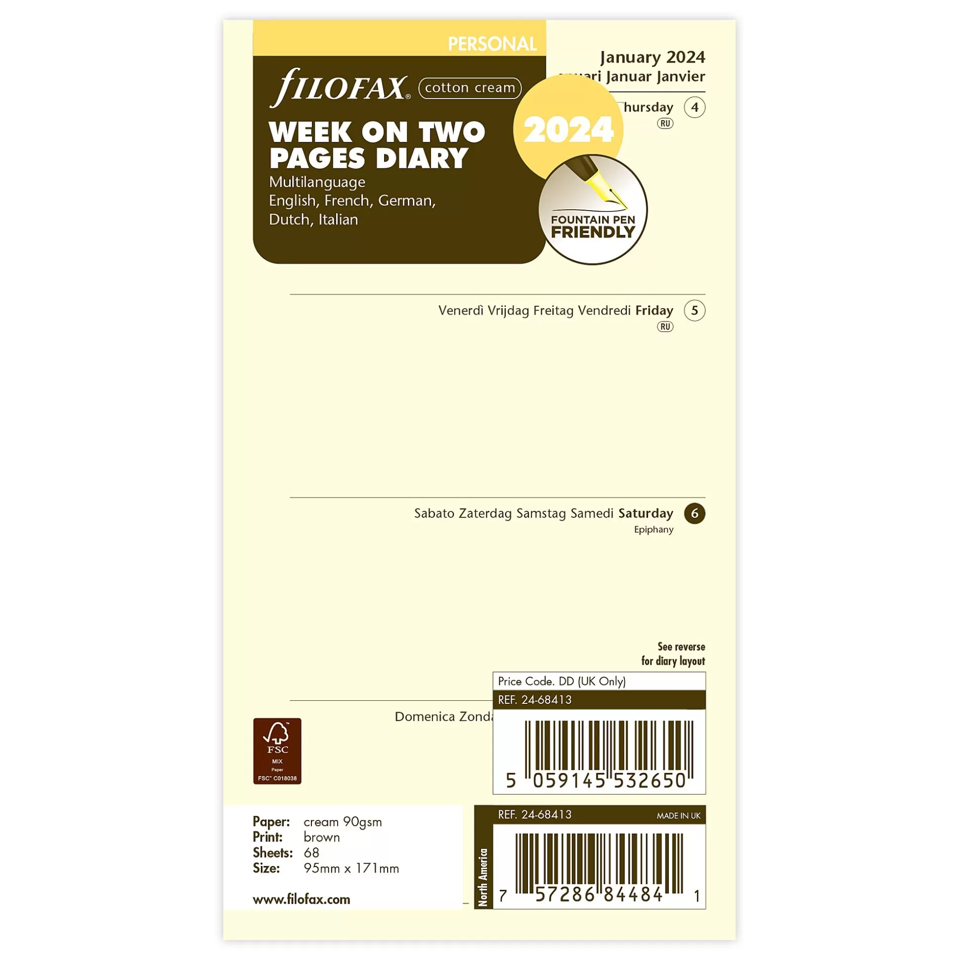 FILOFAX Planners & Lijstjes-Vulling Agenda 9,5X17,1Cm 1 Week Op 2 Pagina's 5 Talen Luxury Cotton Cr Me Personal