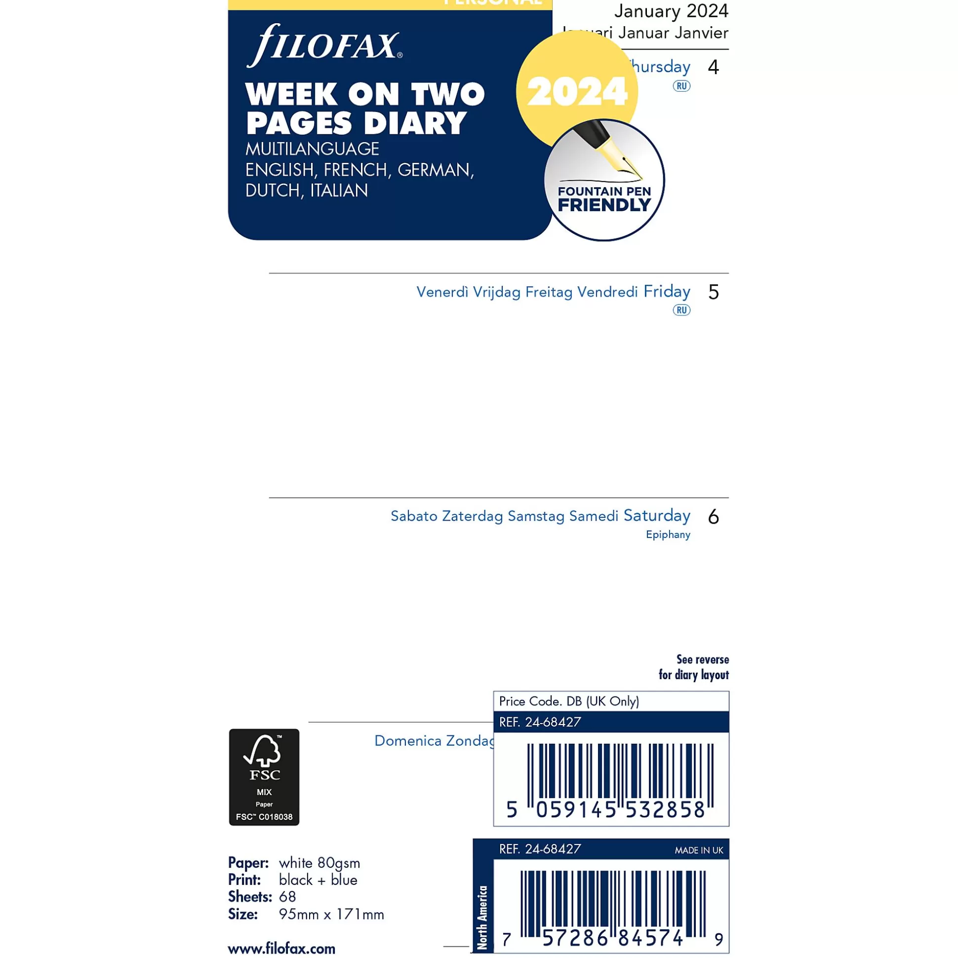 FILOFAX Planners & Lijstjes-Vulling Agenda 9,5X17,1Cm 1 Week Op 2 Pagina's 5 Talen Personal