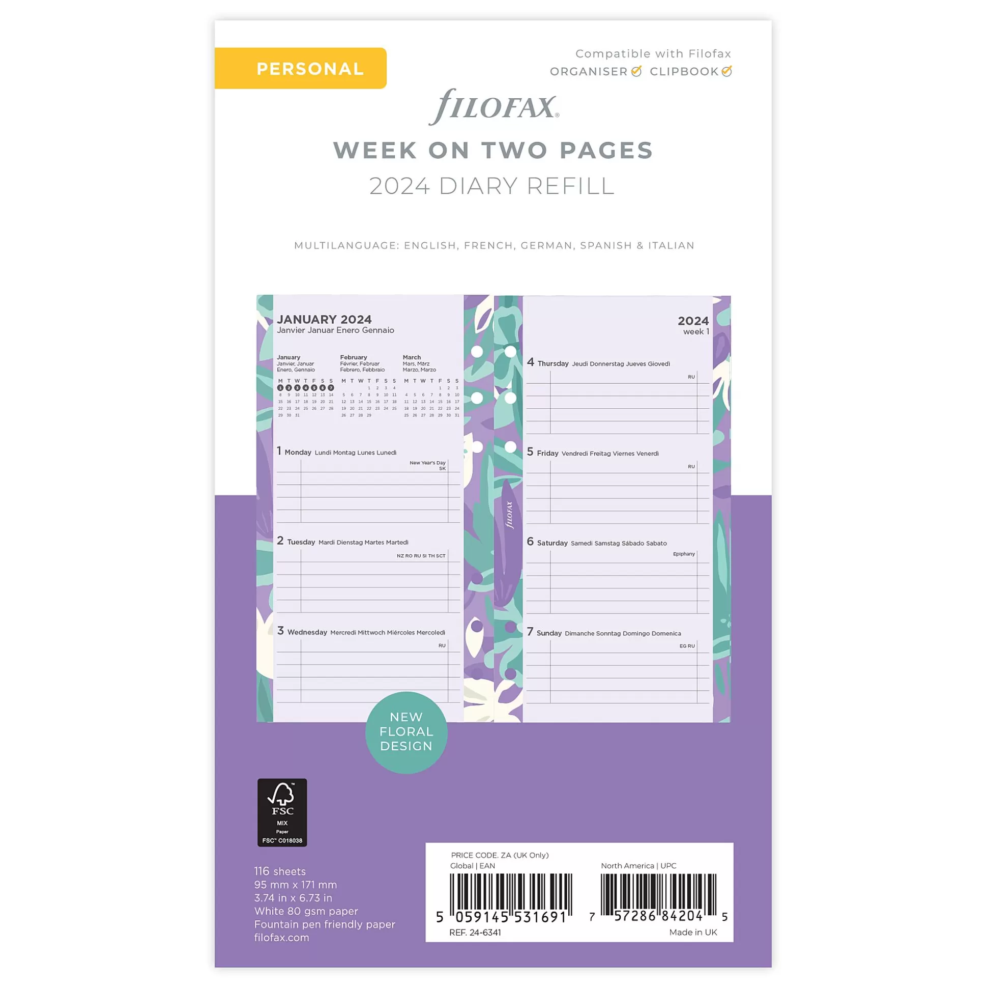 FILOFAX Planners & Lijstjes-Vulling Agenda 9,5X17,1Cm 1 Week Op 2 Pagina's 6 Talen Floral Personal