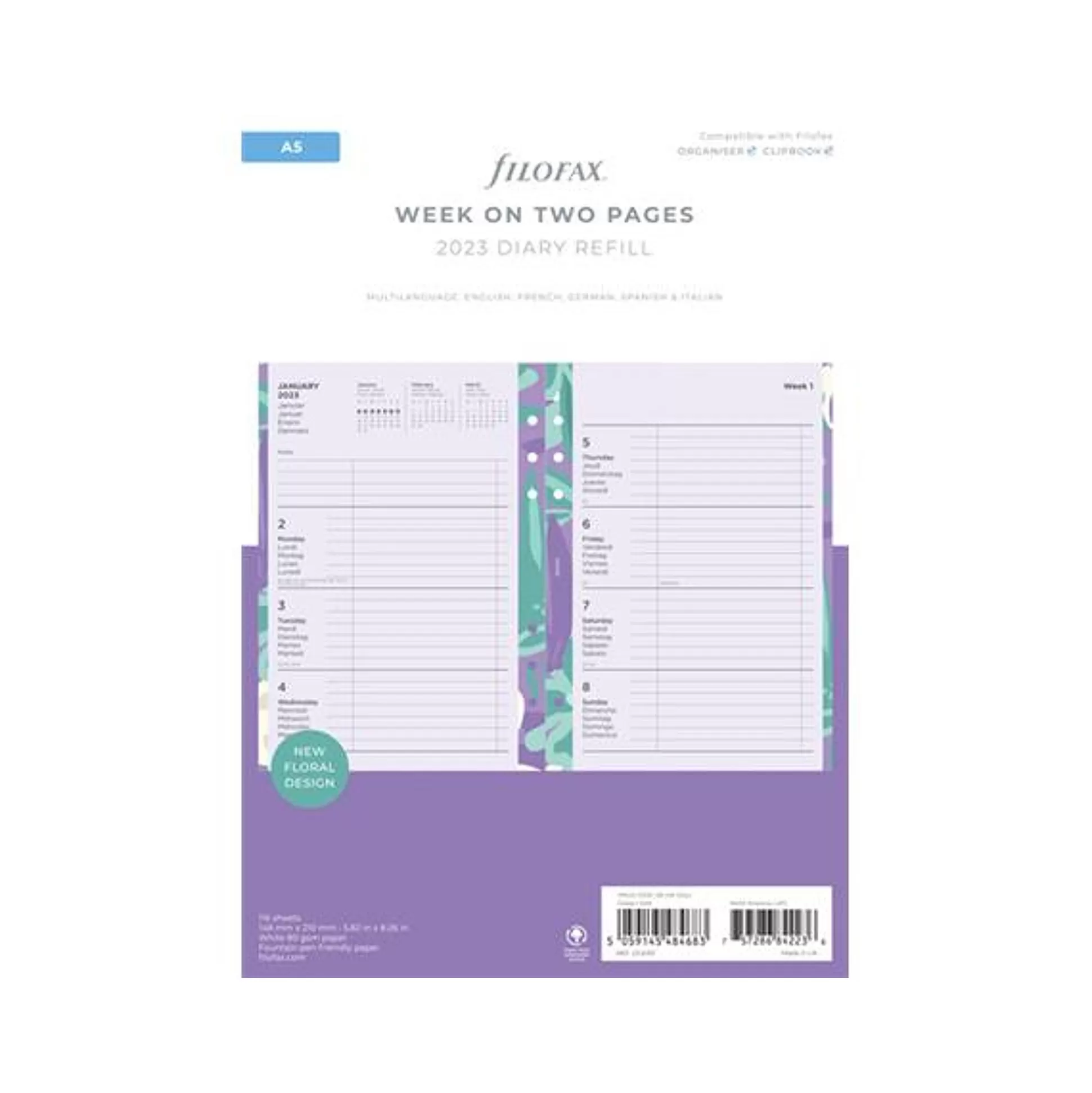 FILOFAX Planners & Lijstjes-Vulling Agenda A5 1 Week Op 2 Pagina's 6 Talen Floral