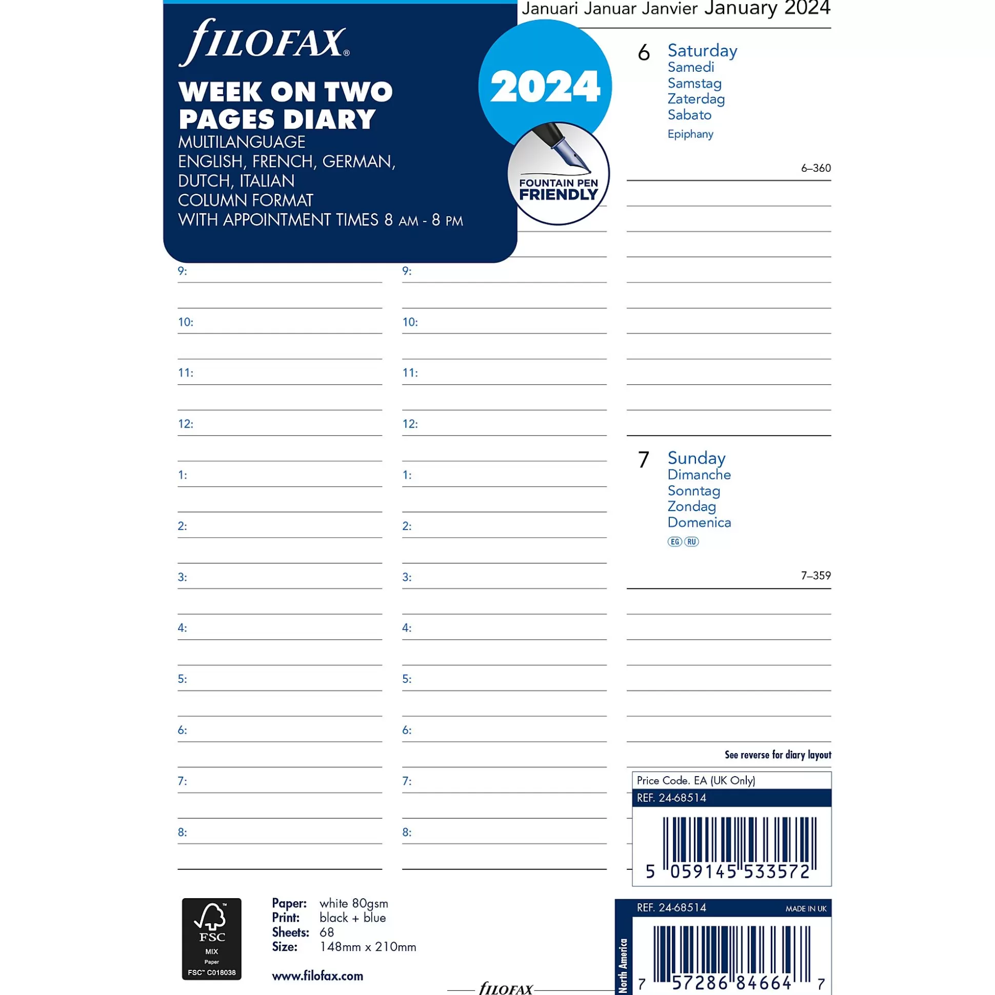 FILOFAX Planners & Lijstjes-Vulling Agenda A5 1 Week Op 2 Pagina's Verticaal 5 Talen